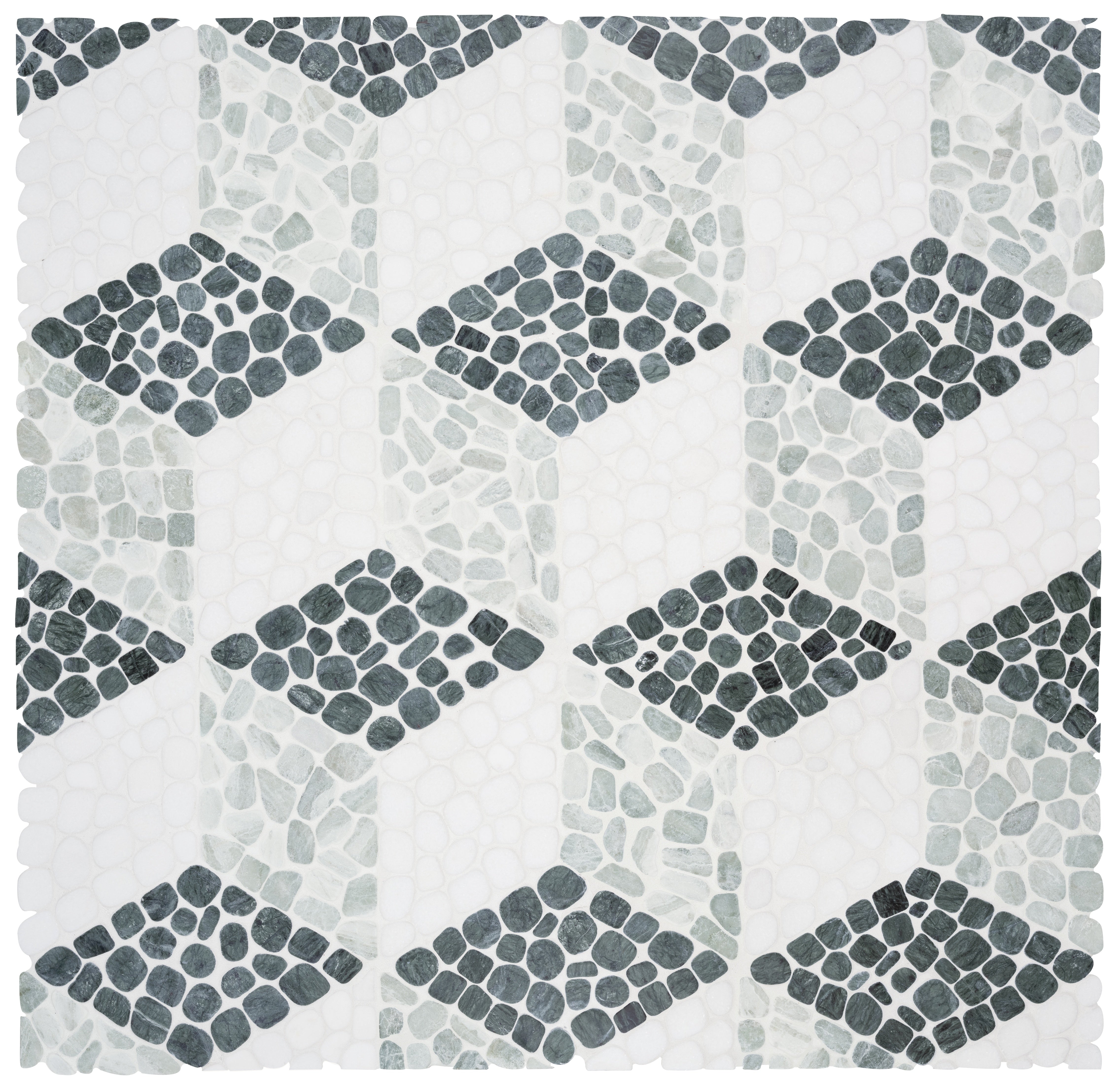 Cabana Jade marble mosaic by Anatolia, top-down product view, 10 1/4"×11 13/16"×5/16" size. Chinese marble for floors and walls.