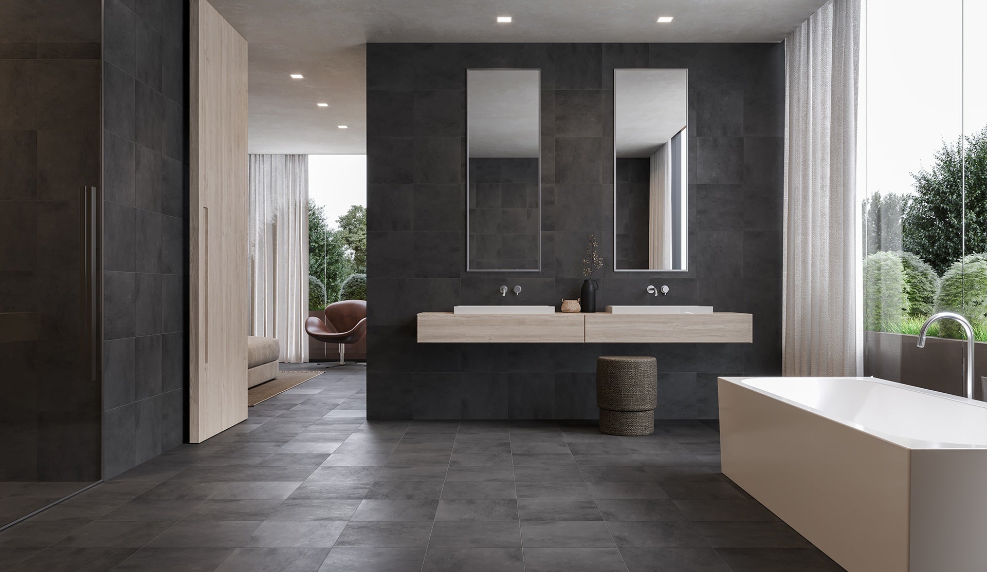 Cinq Black ceramic mosaic by Anatolia, top-down product view, 12 15/16"×12 15/16"×5/16" size. Turkish ceramic for floors and walls.