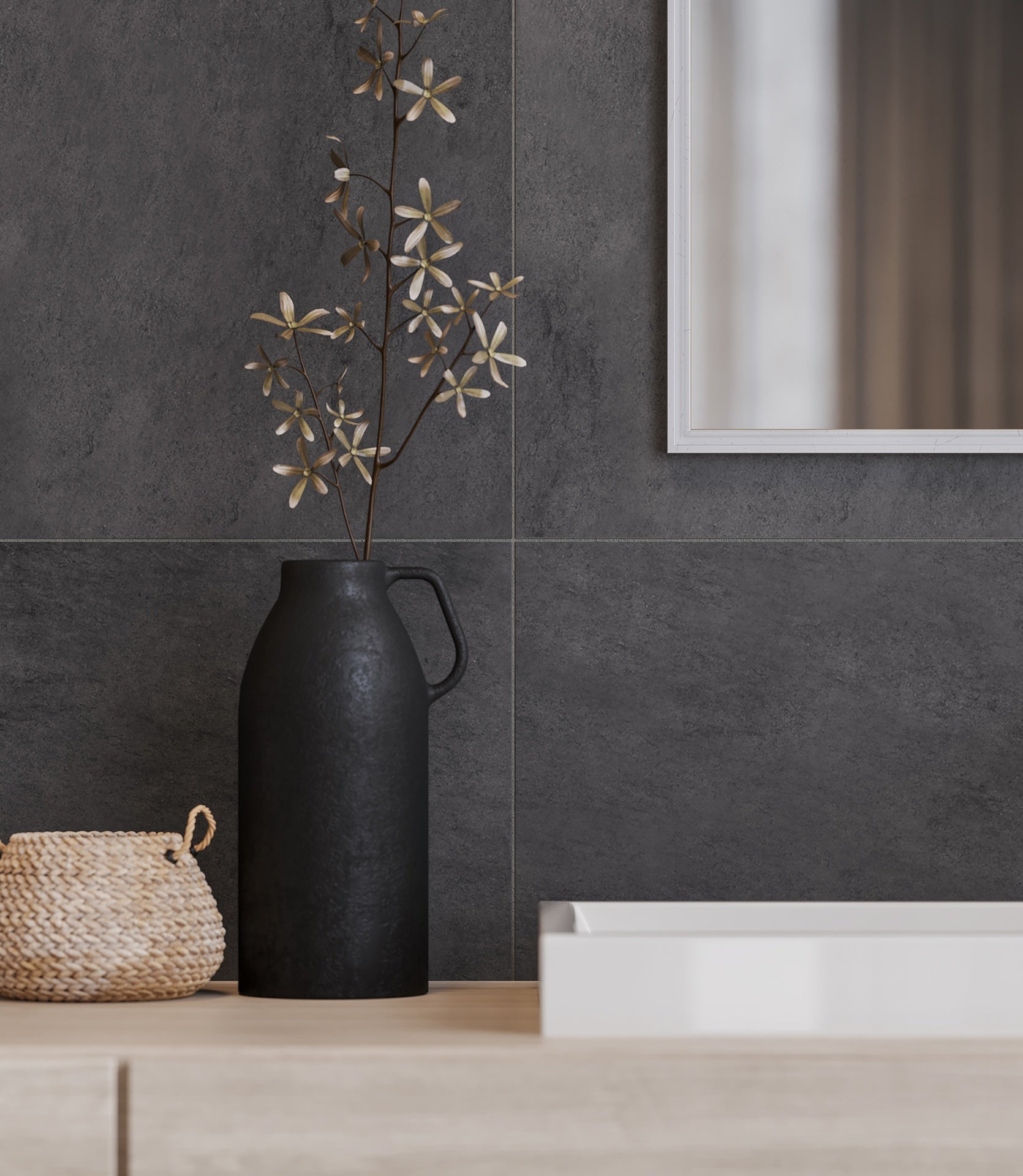 Cinq Black ceramic mosaic by Anatolia, top-down product view, 12 15/16"×12 15/16"×5/16" size. Turkish ceramic for floors and walls.