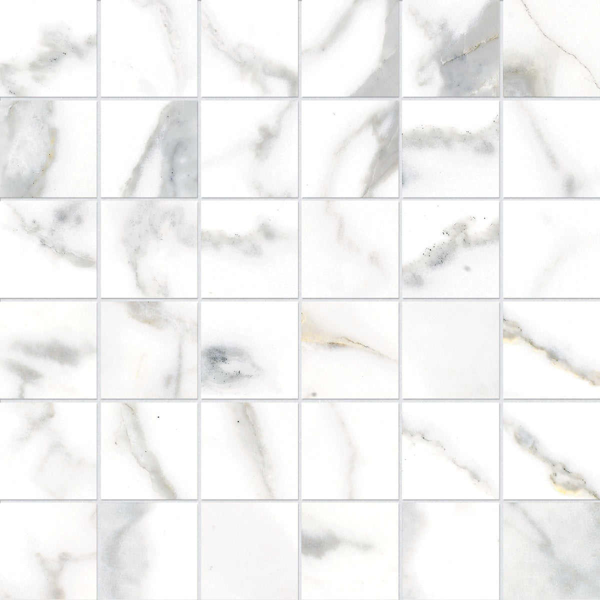 Classic Calacatta porcelain mosaic by Anatolia, top-down product view, 11 25/32"×11 25/32"×9/32" size. Turkish porcelain for floors and walls.