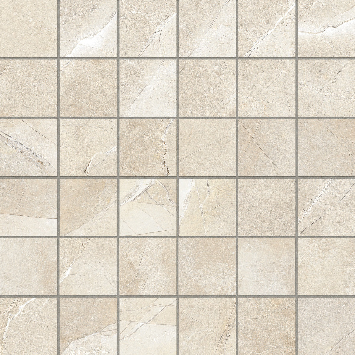 Classic Pulpis Ivory porcelain mosaic by Anatolia, top-down product view, 11 25/32"×11 25/32"×9/32" size. Turkish porcelain for floors and walls.