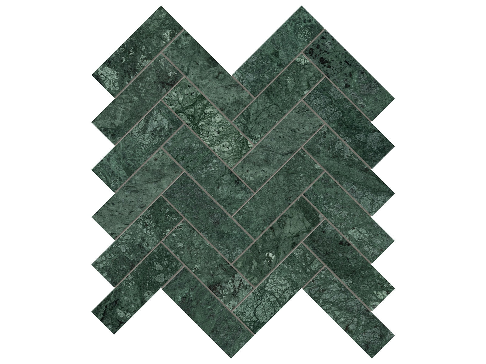 Diosa Verde marble mosaic by Anatolia, top-down product view, 11 1/4"×11 13/32"×11/32" size. Indian marble for floors and walls.