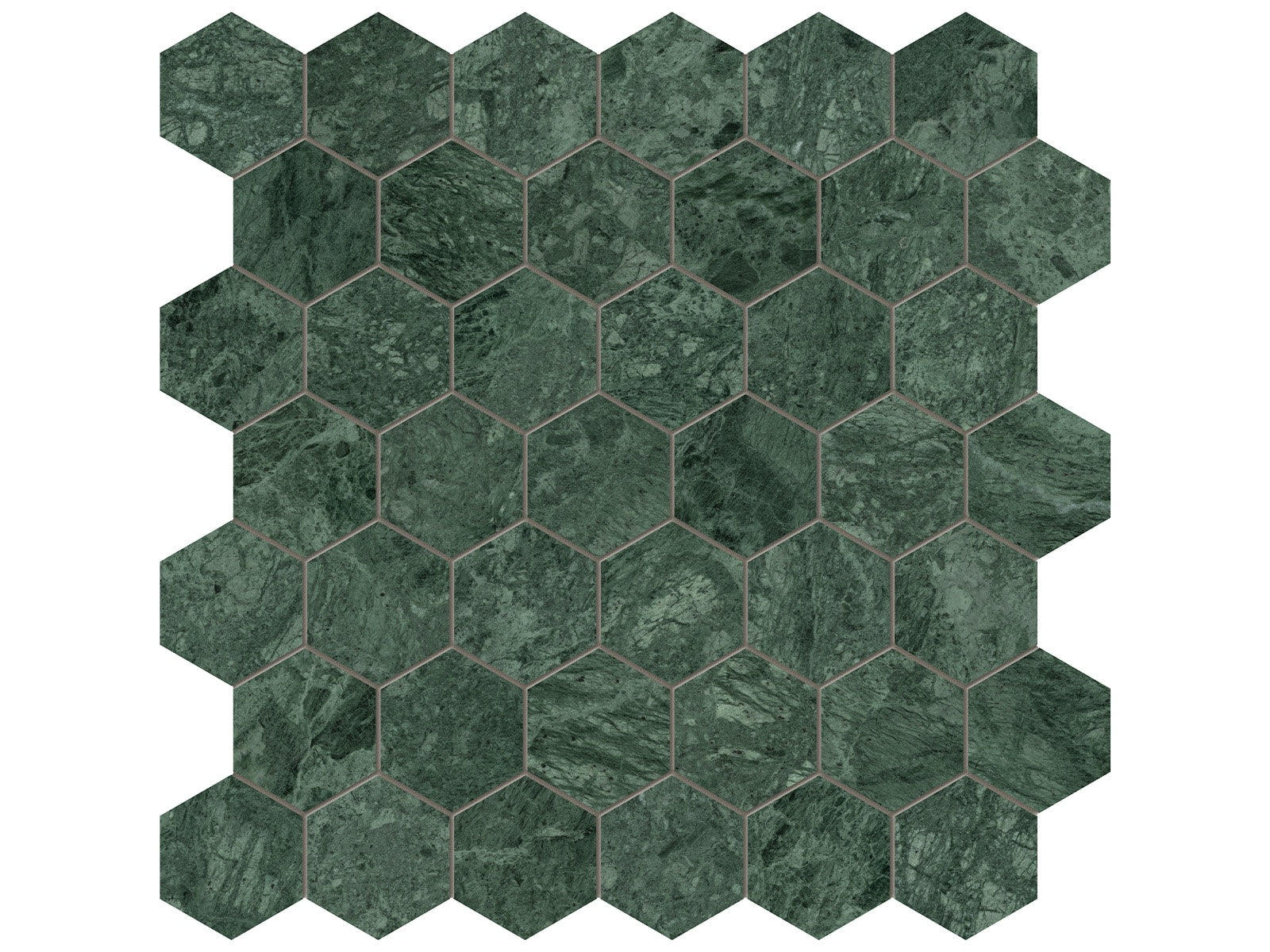 Diosa Verde marble mosaic by Anatolia, top-down product view, 11 7/8"×12"×11/32" size. Indian marble for floors and walls.
