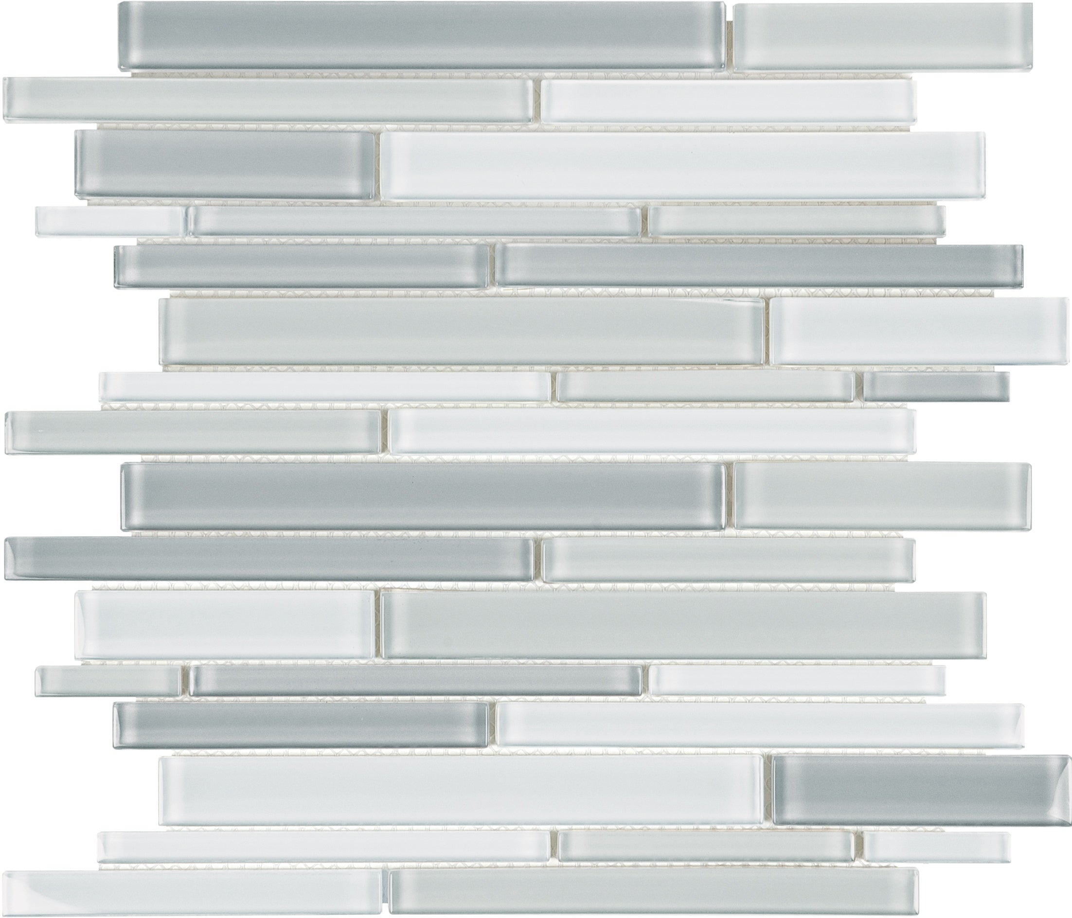 Element Grey glass mosaic by Anatolia, top-down product view, 11 23/32"×11 23/32"×5/16" size. Chinese glass for floors and walls.