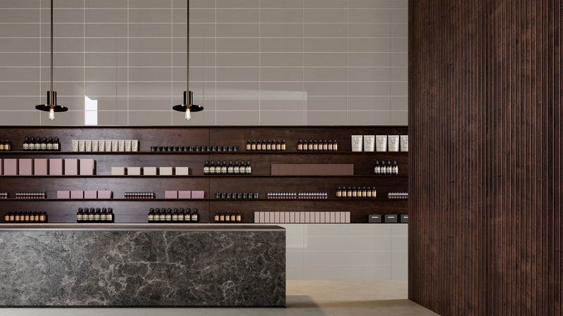 Anatolia Element Mist glossy glass tile in a room setting — available at Surface Group lifestyle image