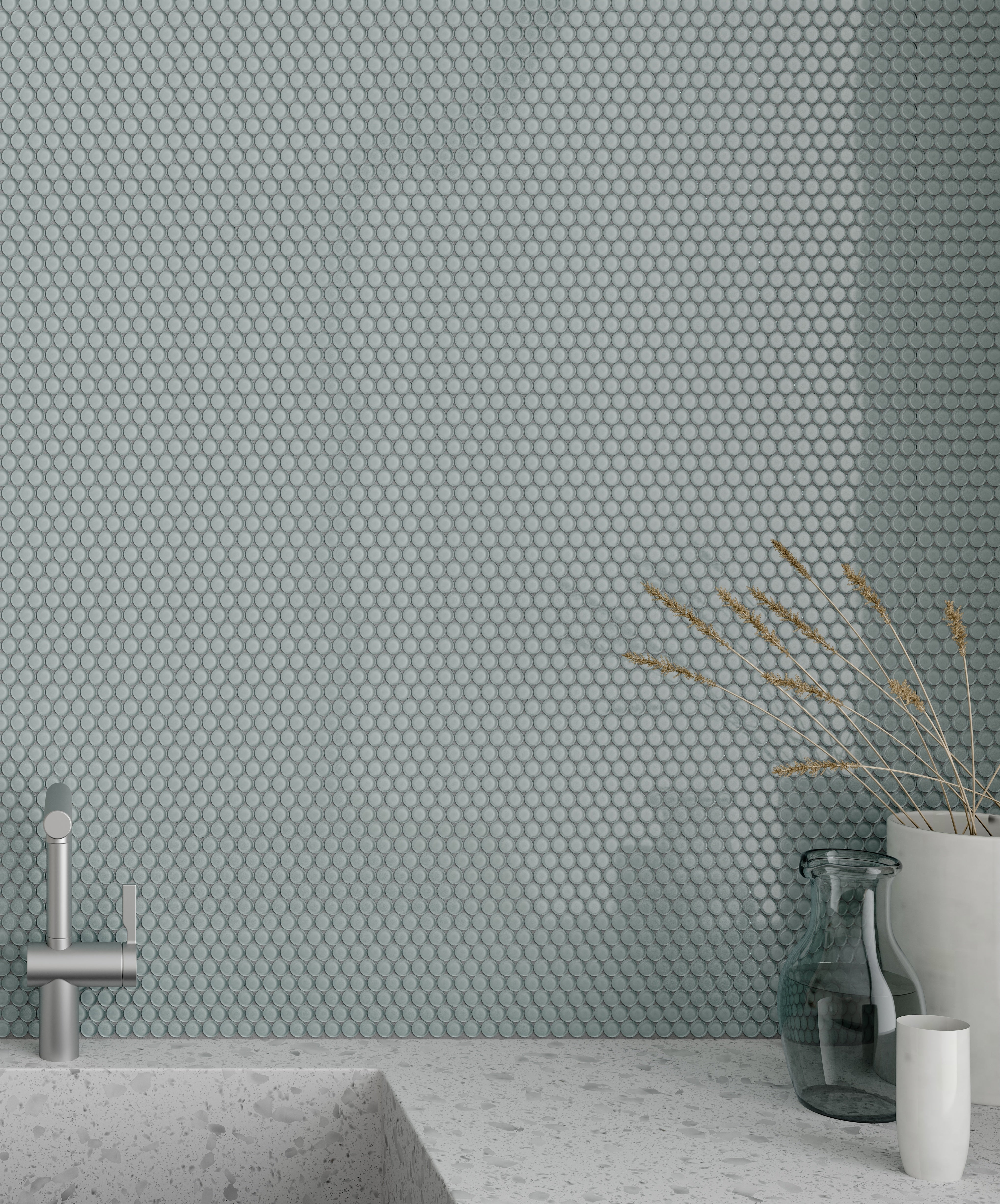 Element Shadow glass mosaic by Anatolia, top-down product view, 11 13/32"×11 27/32"×5/16" size. Chinese glass for floors and walls.