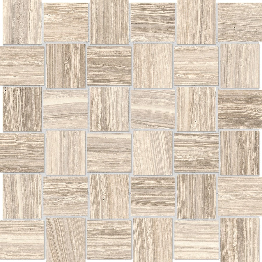 Eramosa Sand porcelain mosaic by Anatolia, top-down product view, 11 13/16"×11 13/16"×11/32" size. Turkish porcelain for floors and walls.