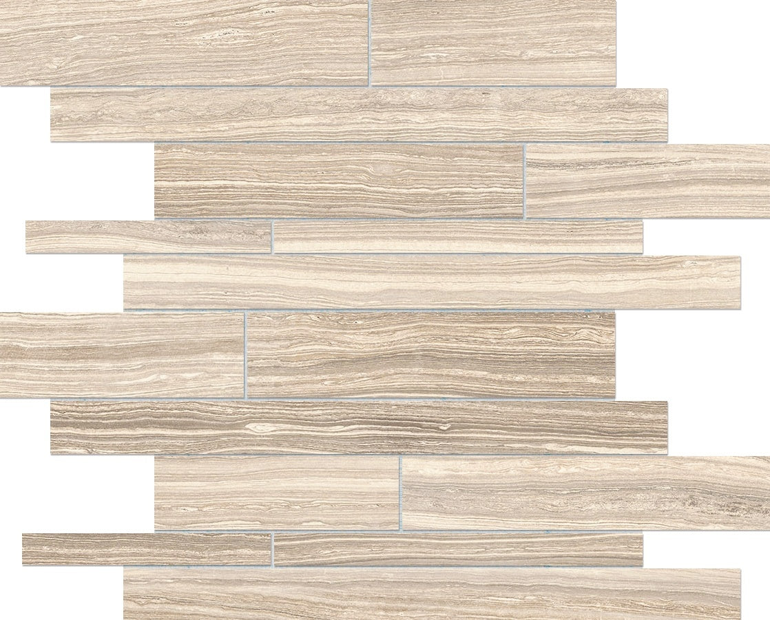 Eramosa Sand porcelain mosaic by Anatolia, top-down product view, 11 21/32"×11 13/16"×11/32" size. Turkish porcelain for floors and walls.