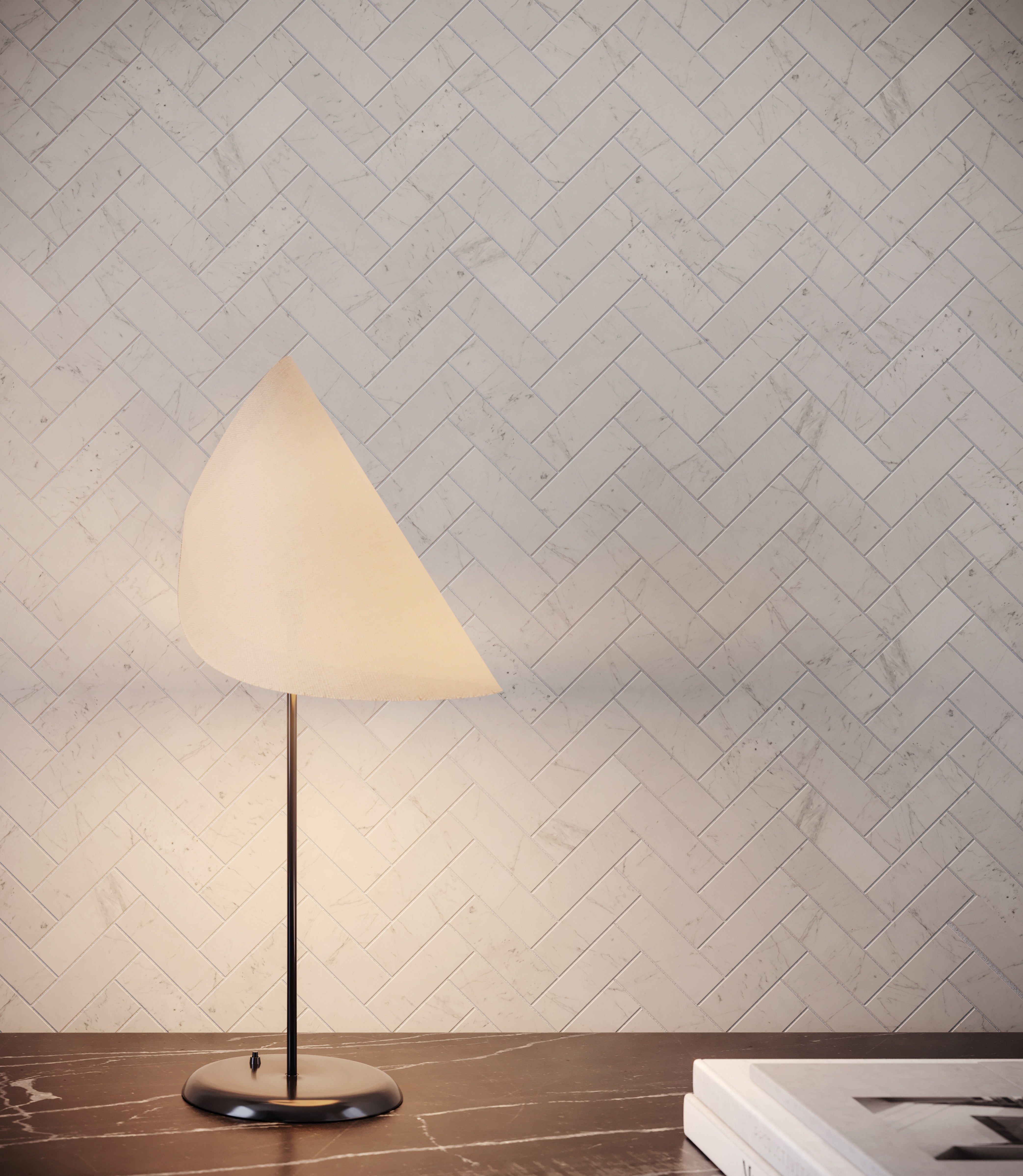 Eterna Bianco marble trim by Anatolia, top-down product view, 1 1/4"×12"×7/8" size. Turkish marble for floors and walls.