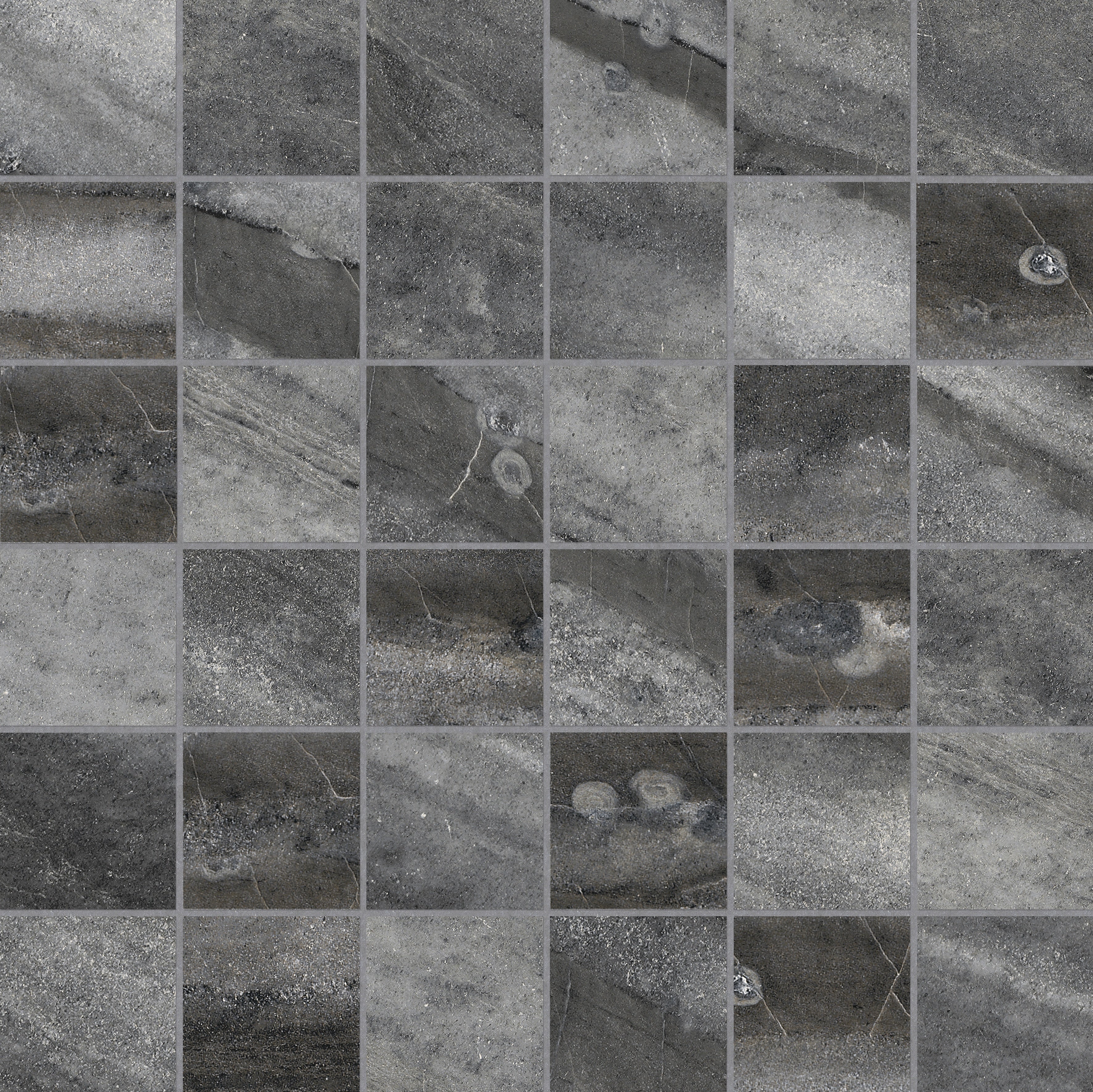Evolution Carbon porcelain mosaic by Anatolia, top-down product view, 11 25/32"×11 25/32"×11/32" size. Turkish porcelain for floors and walls.