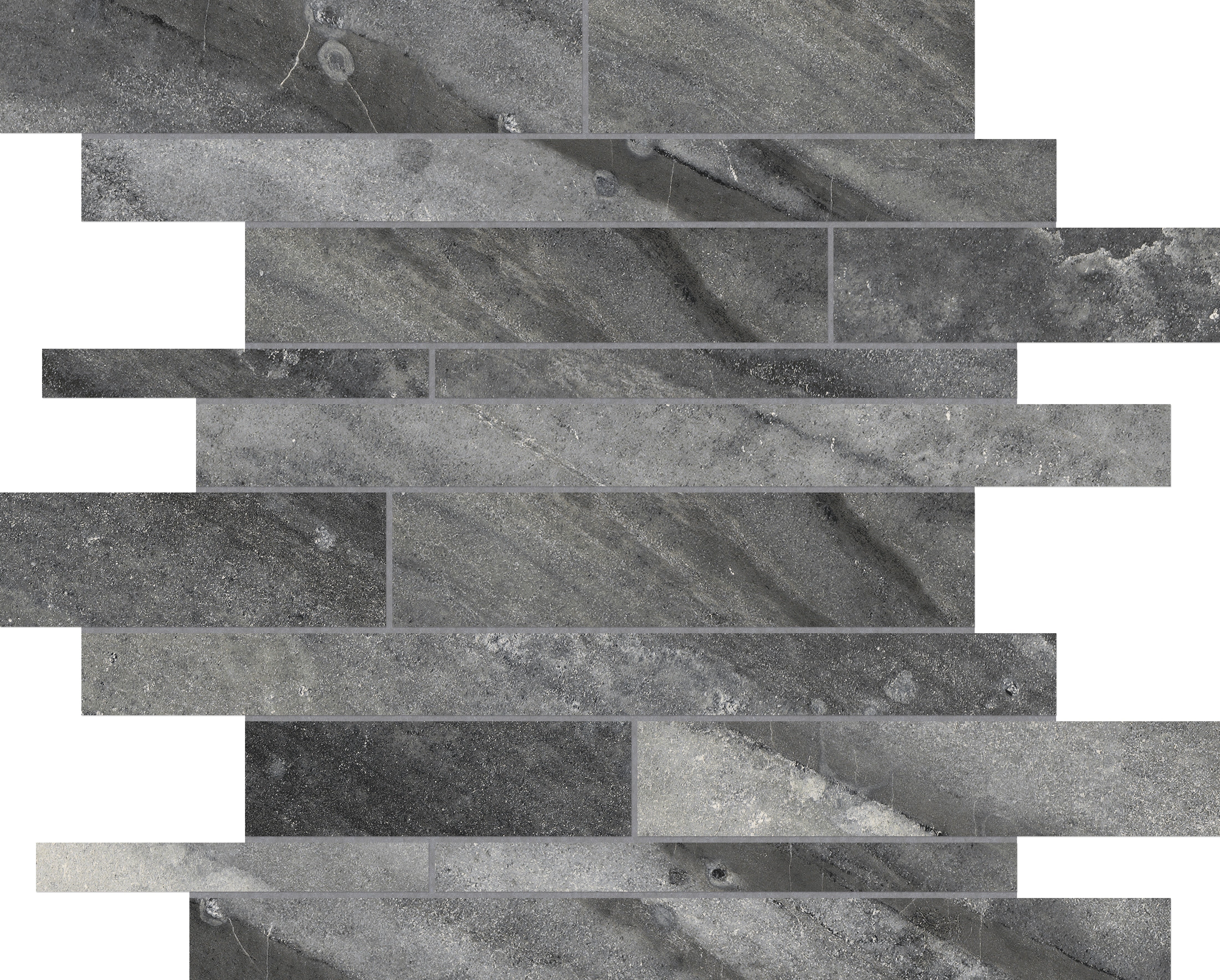 Evolution Carbon porcelain mosaic by Anatolia, top-down product view, 11 21/32"×11 13/16"×11/32" size. Turkish porcelain for floors and walls.