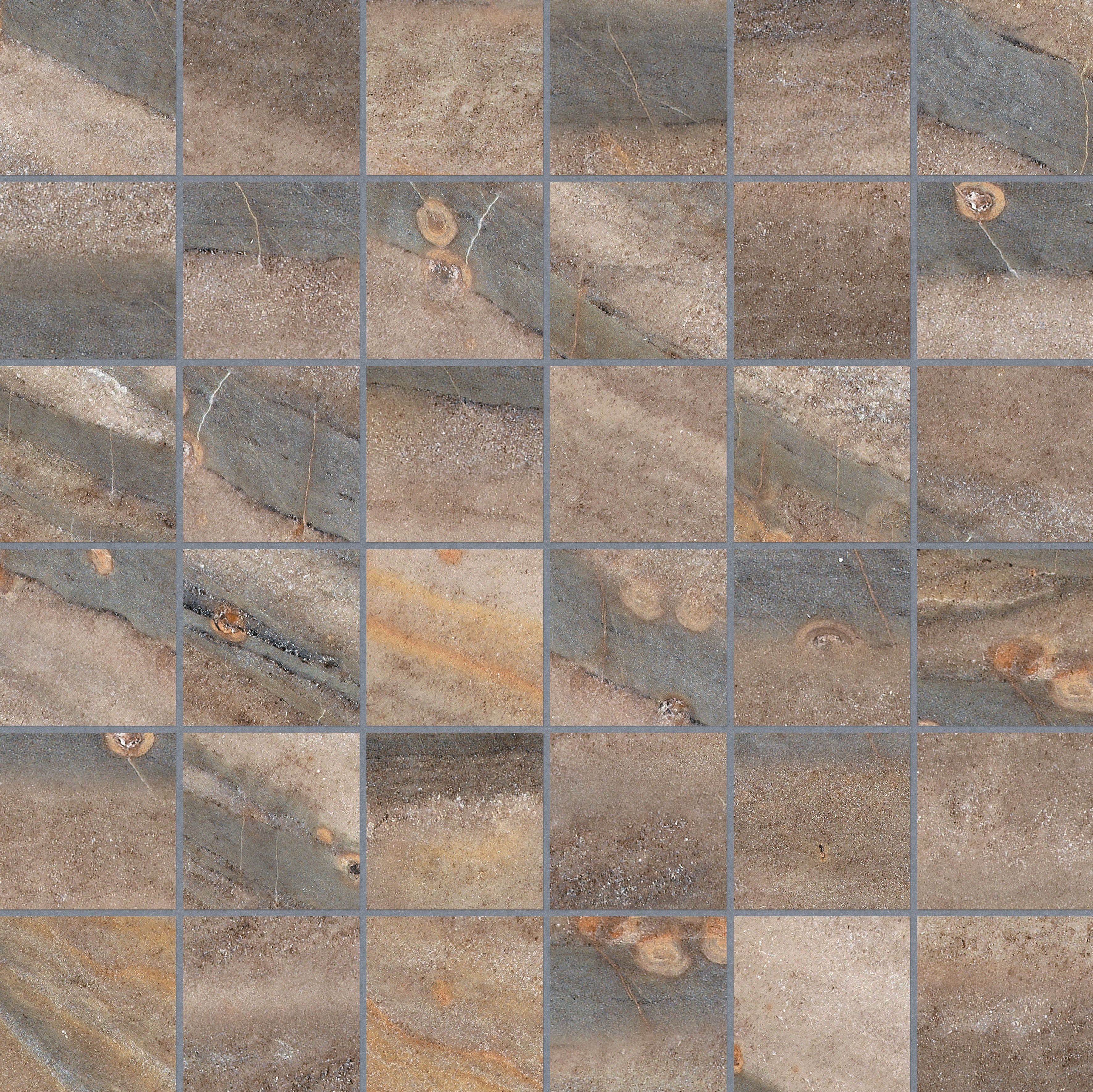 Evolution Earth porcelain mosaic by Anatolia, top-down product view, 11 25/32"×11 25/32"×11/32" size. Turkish porcelain for floors and walls.