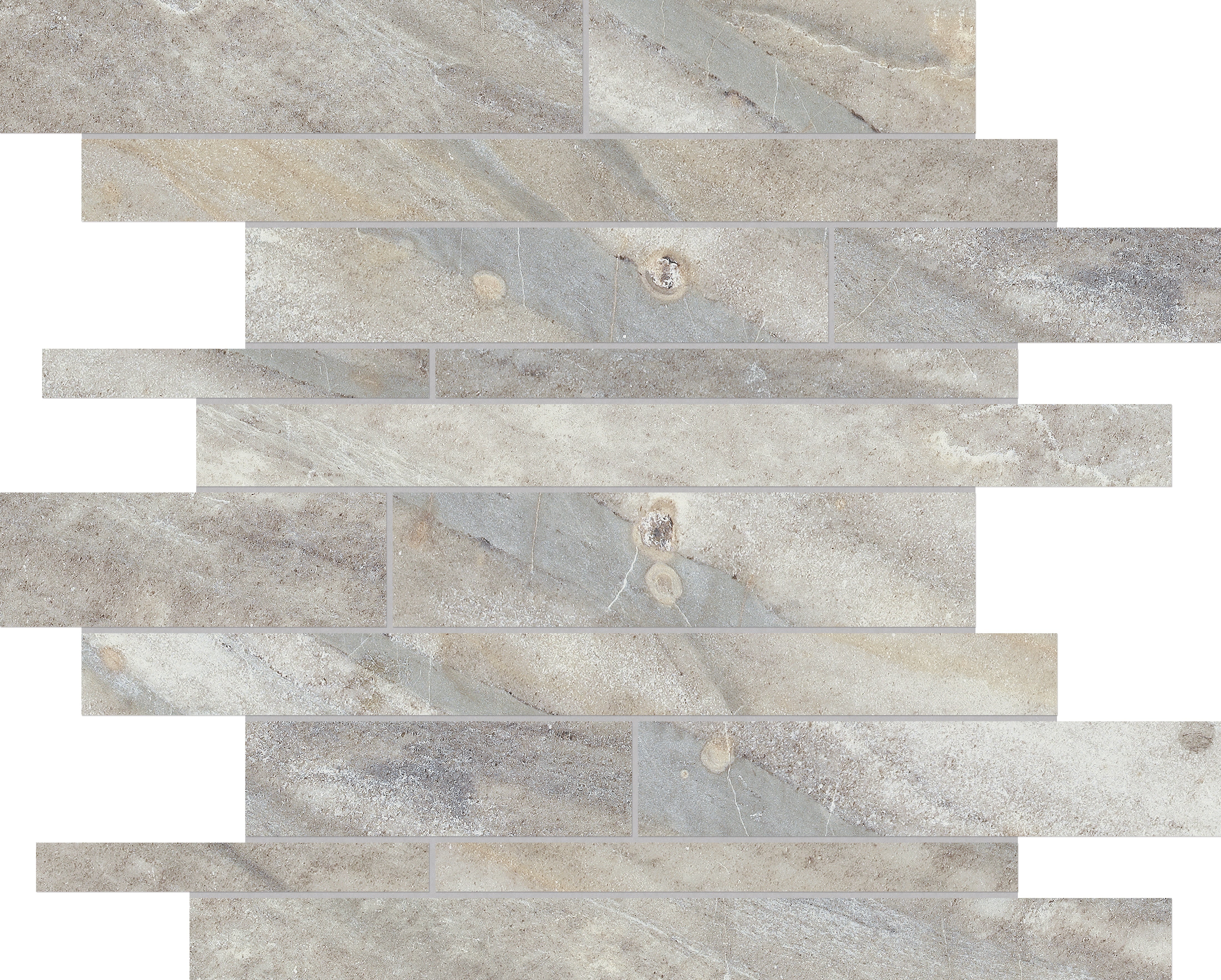 Evolution Sand porcelain mosaic by Anatolia, top-down product view, 11 21/32"×11 13/16"×11/32" size. Turkish porcelain for floors and walls.