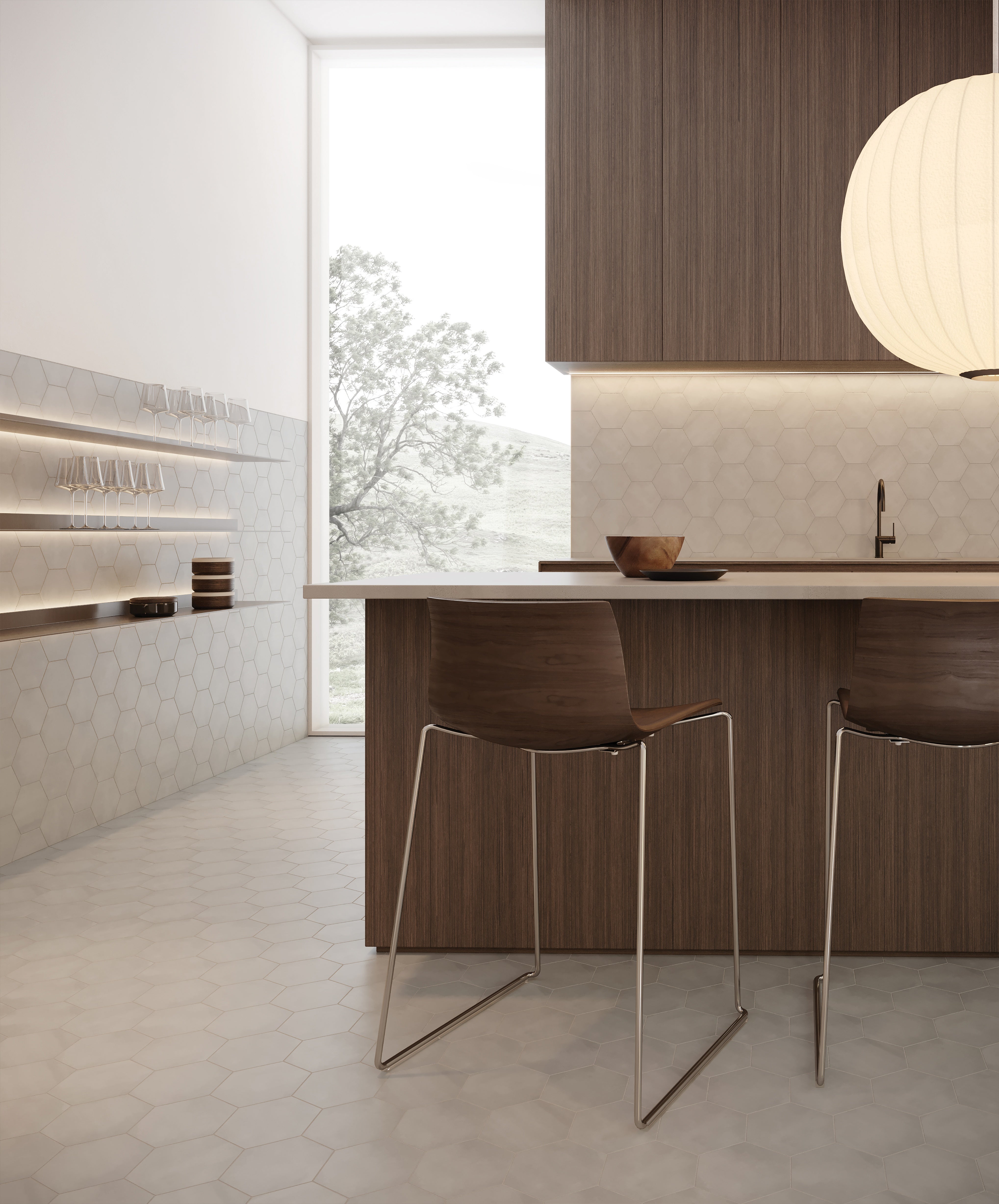 Form Ice porcelain trim by Anatolia, lifestyle installation view 1, 2"×8"×11/32" size. Turkish porcelain for floors and walls.