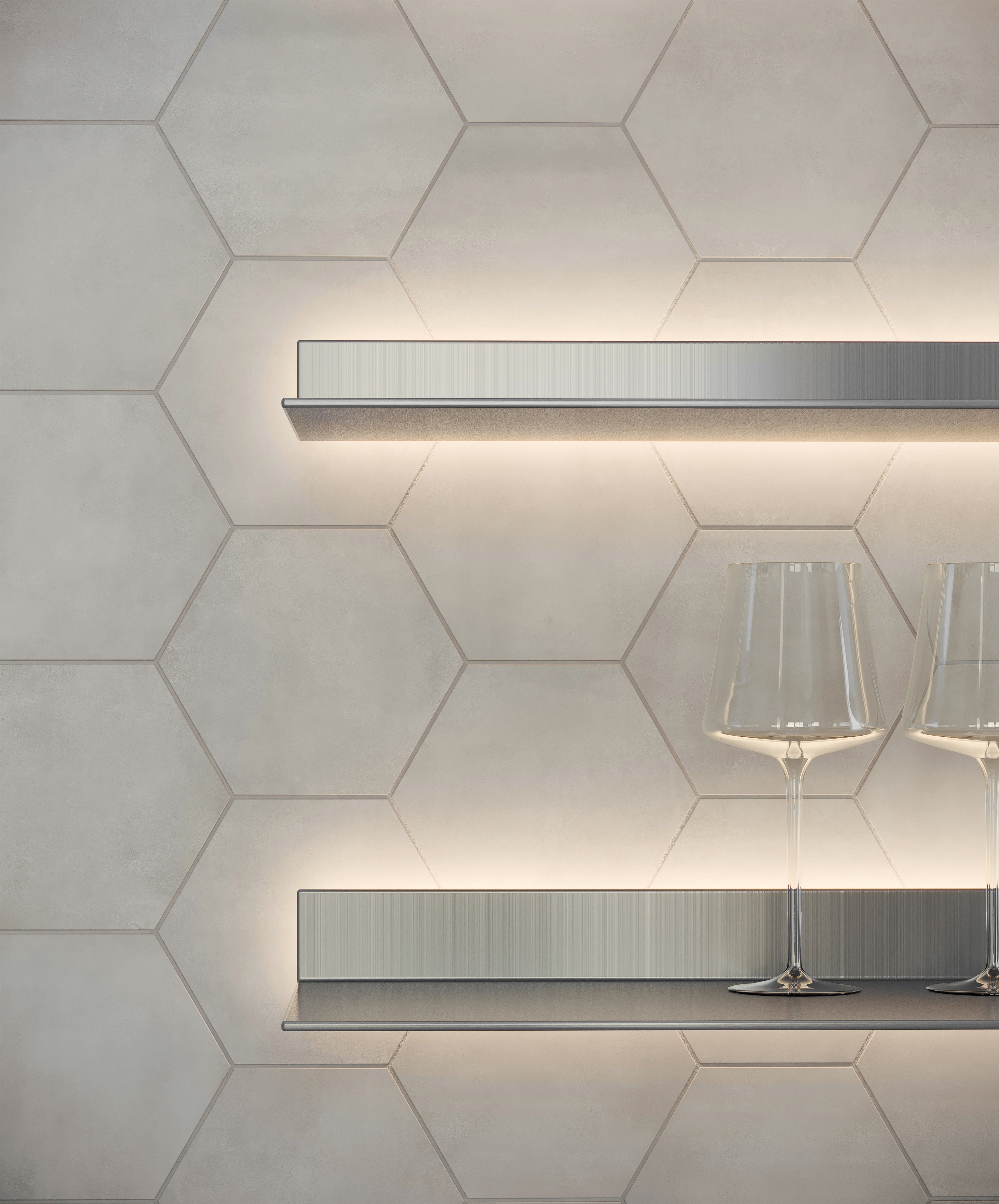 Form Ice porcelain trim by Anatolia, lifestyle installation view 2, 2"×8"×11/32" size. Turkish porcelain for floors and walls.