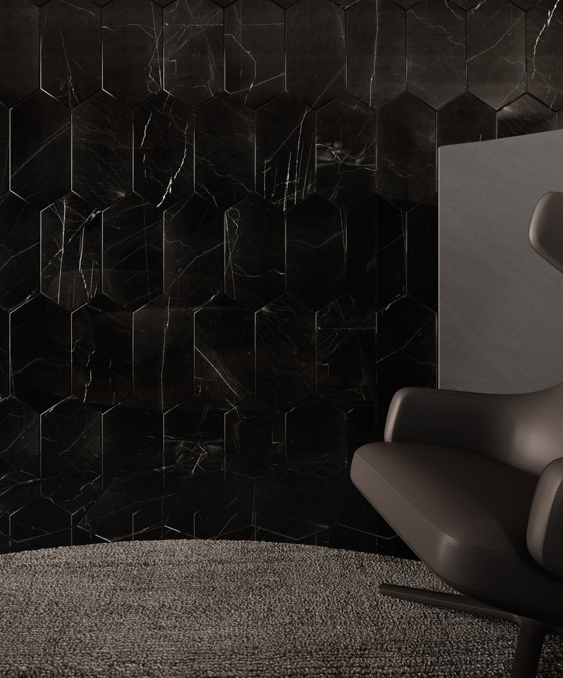 Anatolia Galaxia Nero polished marble tile in a room setting — available at Surface Group lifestyle image