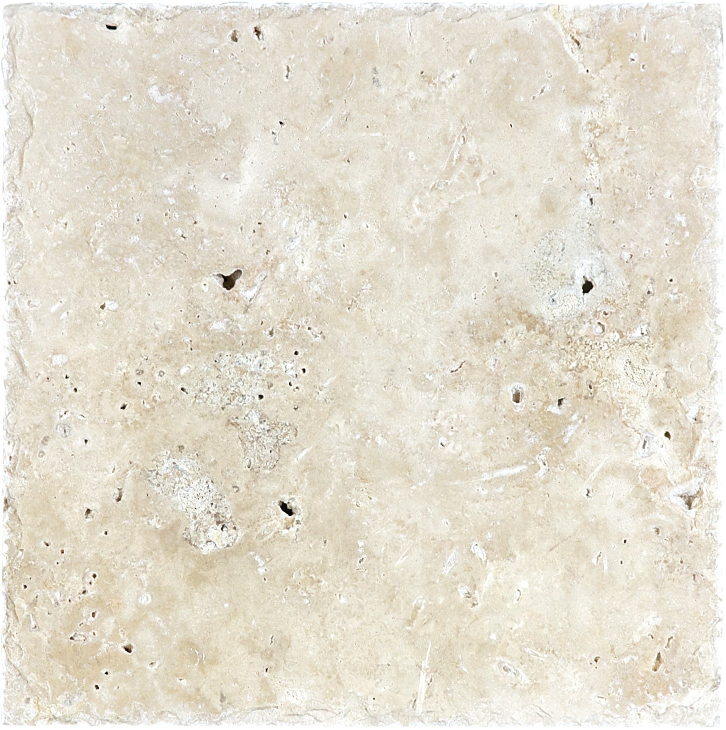 Ivory travertine field tile by Anatolia, top-down product view, 8"×15/32" size. Turkish travertine for floors and walls.