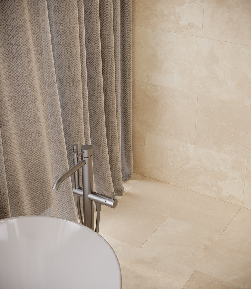 Anatolia Ivory filled & honed travertine tile in a room setting — available at Surface Group lifestyle image