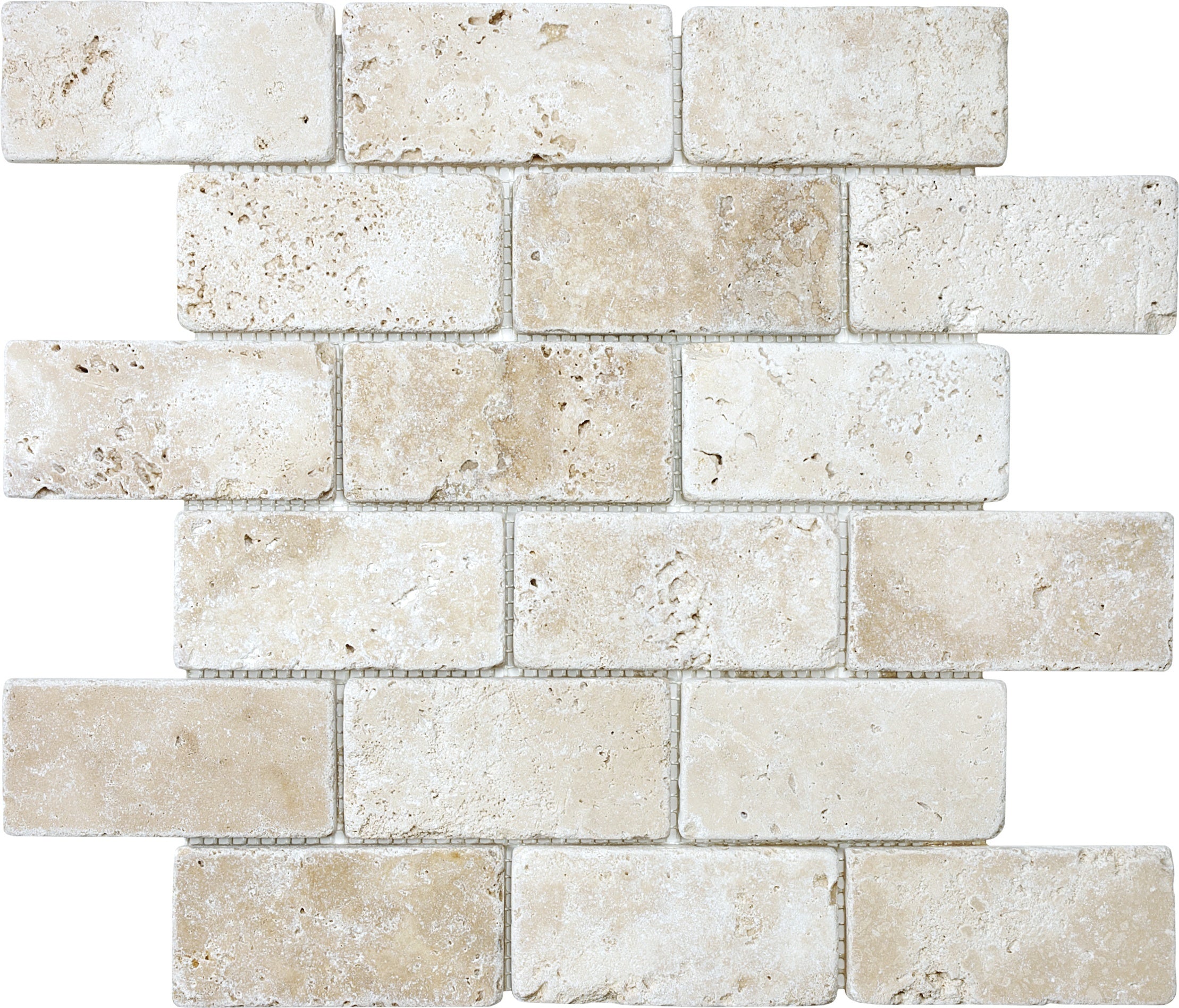 Ivory travertine mosaic by Anatolia, top-down product view, 12"×12"×3/8" size. Turkish travertine for floors and walls.