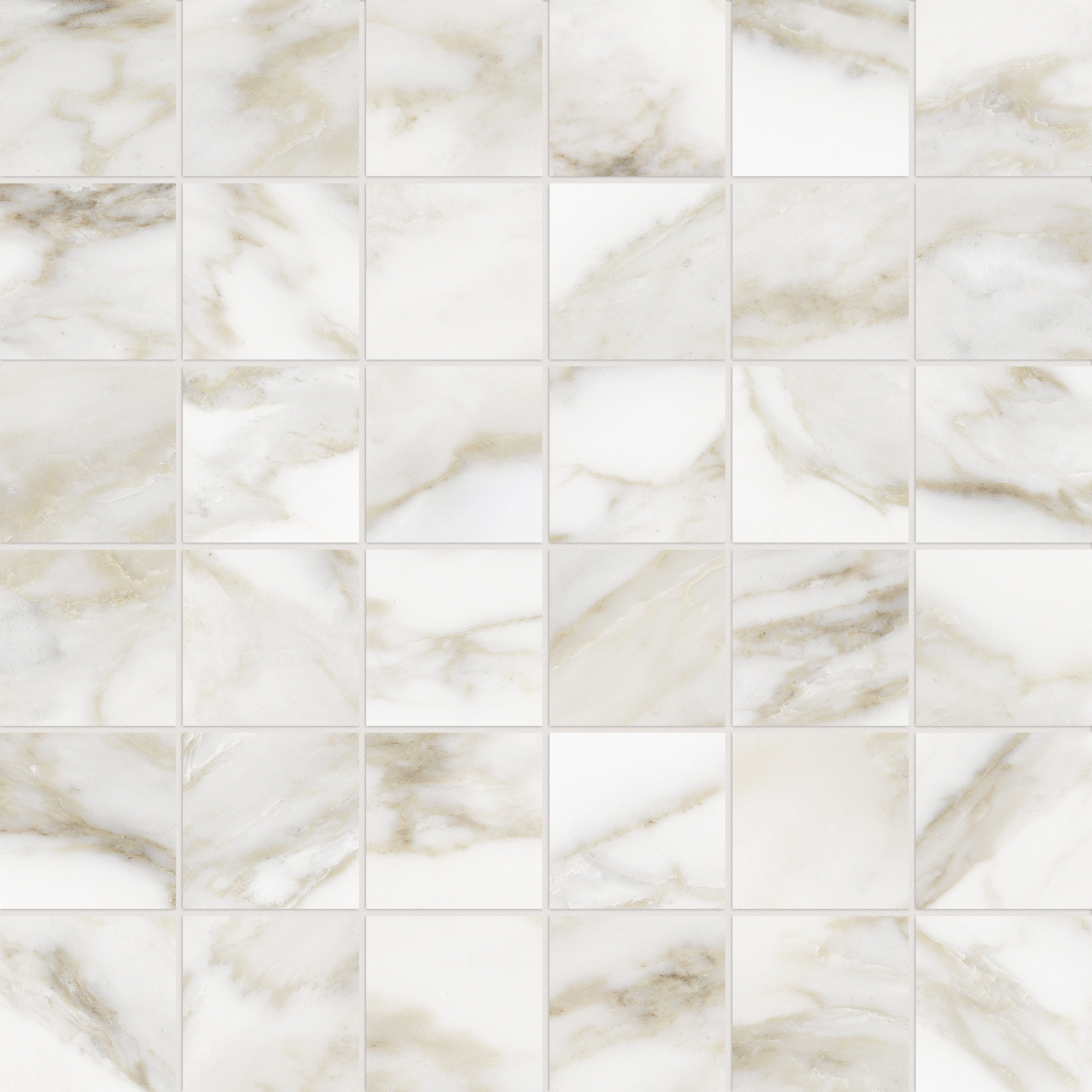 La Marca Calacatta Paonazzo porcelain mosaic by Anatolia, top-down product view, 11 25/32"×11 25/32"×11/32" size. Indian porcelain for floors and walls.