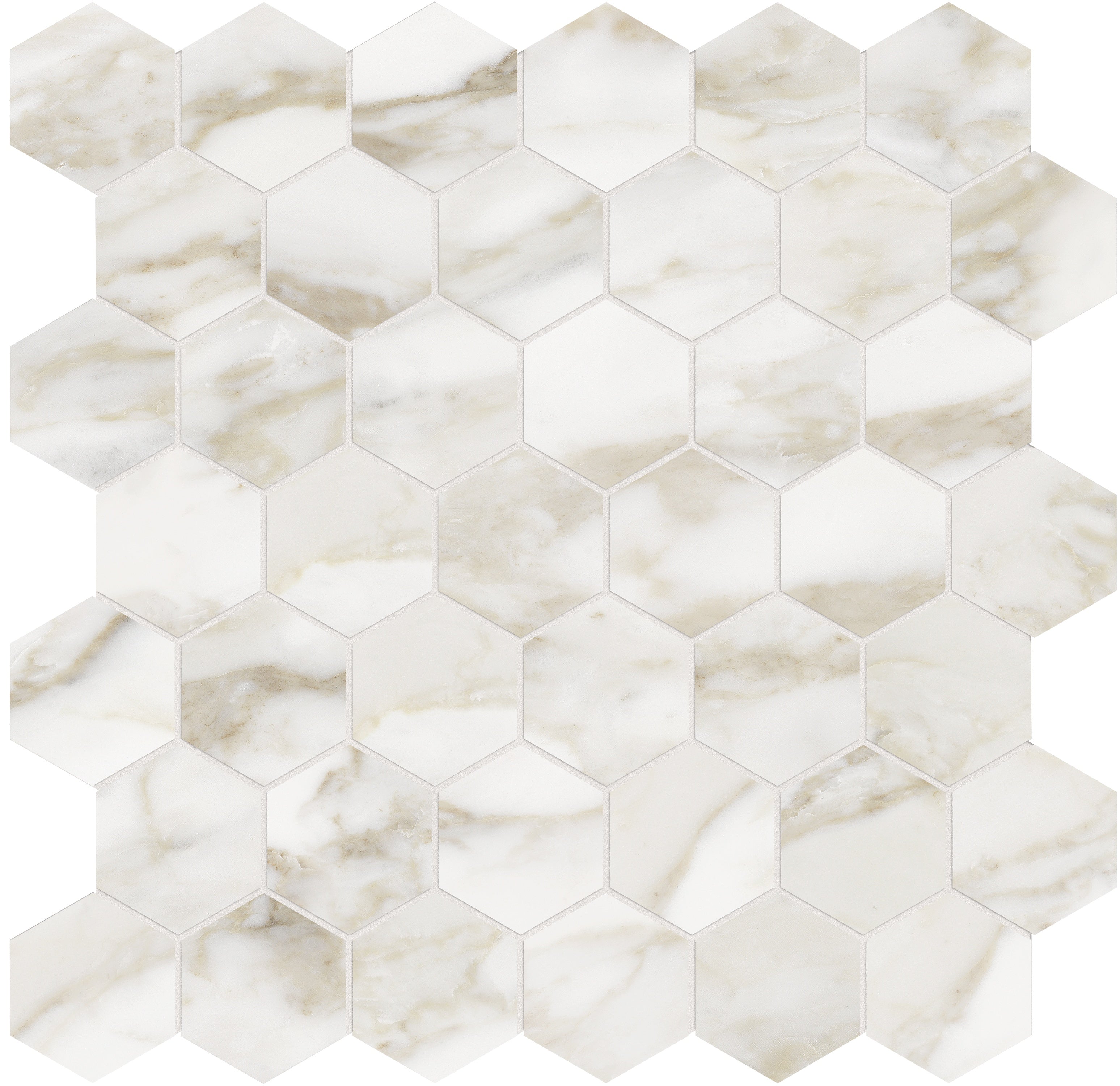 La Marca Calacatta Paonazzo porcelain mosaic by Anatolia, top-down product view, 11 23/32"×11 27/32"×11/32" size. Indian porcelain for floors and walls.