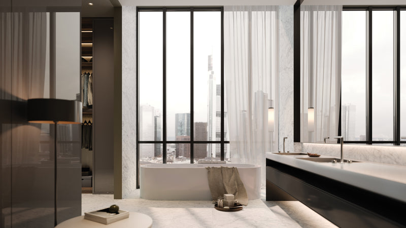 Anatolia La Marca Carrara Gioia honed tile in a room setting — available at Surface Group lifestyle image