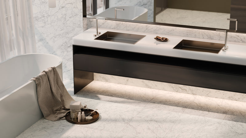 Anatolia La Marca Carrara Gioia honed tile in a room setting — available at Surface Group lifestyle image