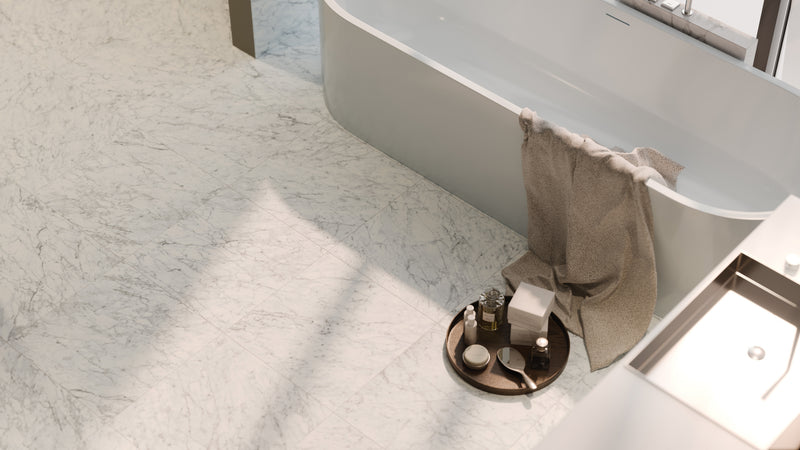 Anatolia La Marca Carrara Gioia honed tile in a room setting — available at Surface Group lifestyle image