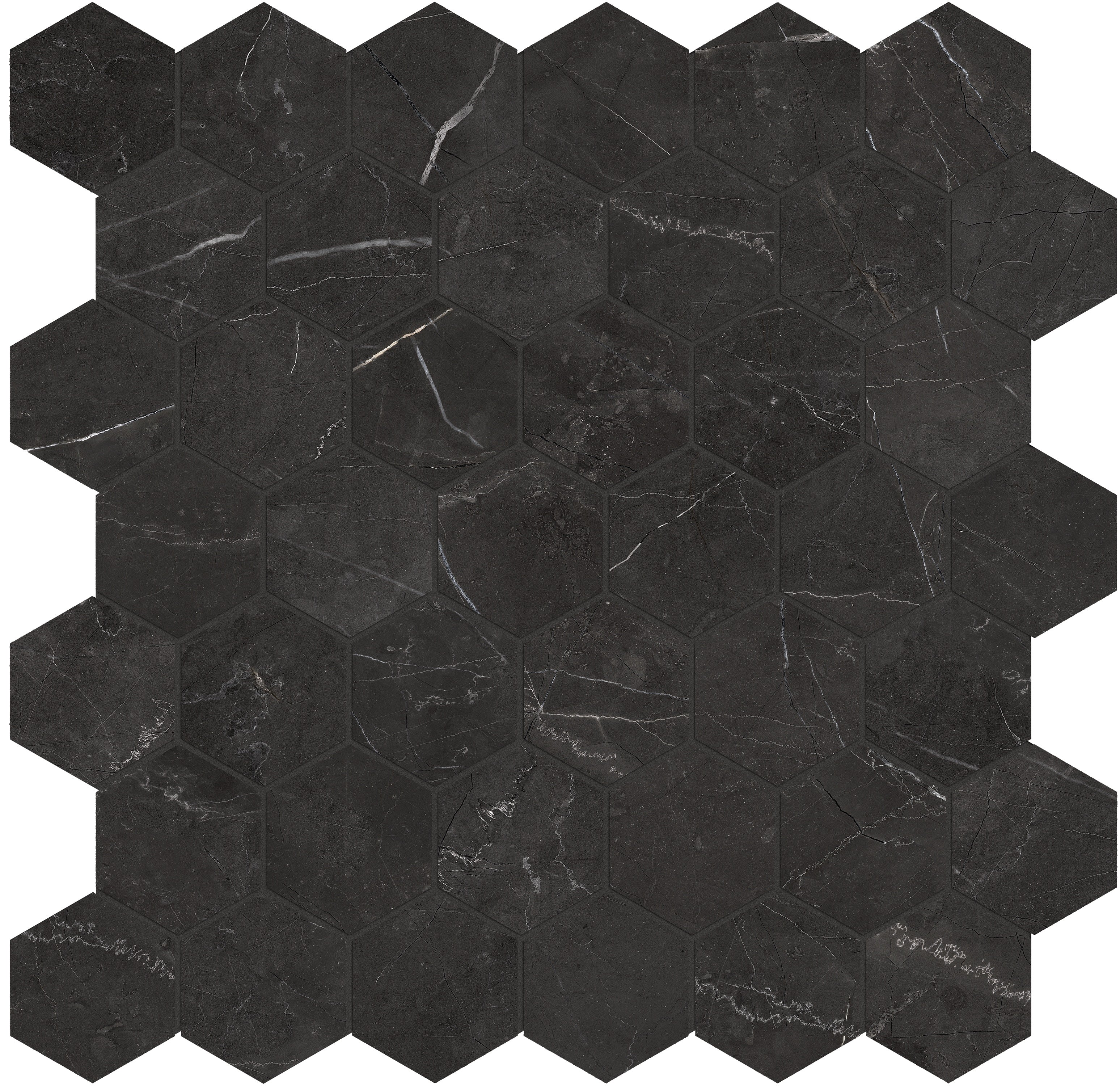 LA MARCA: Nero Venato 2 Hexagon Porcelain Mosaic (11 23/32"×11 27/32"×11/32" | Honed | Rectified)