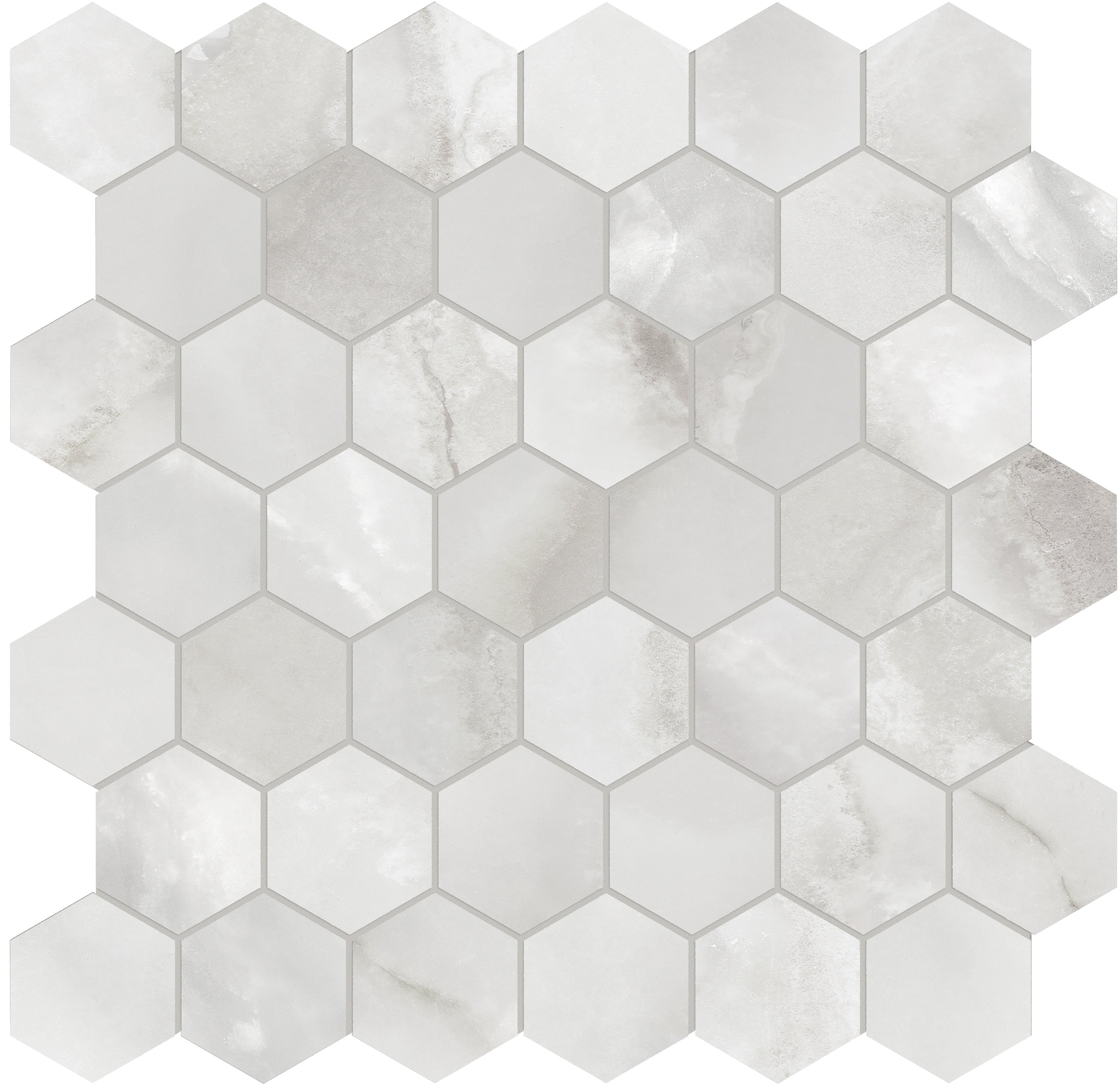 La Marca Onyx Nuvolato porcelain mosaic by Anatolia, top-down product view, 11 23/32"×11 27/32"×11/32" size. Indian porcelain for floors and walls.