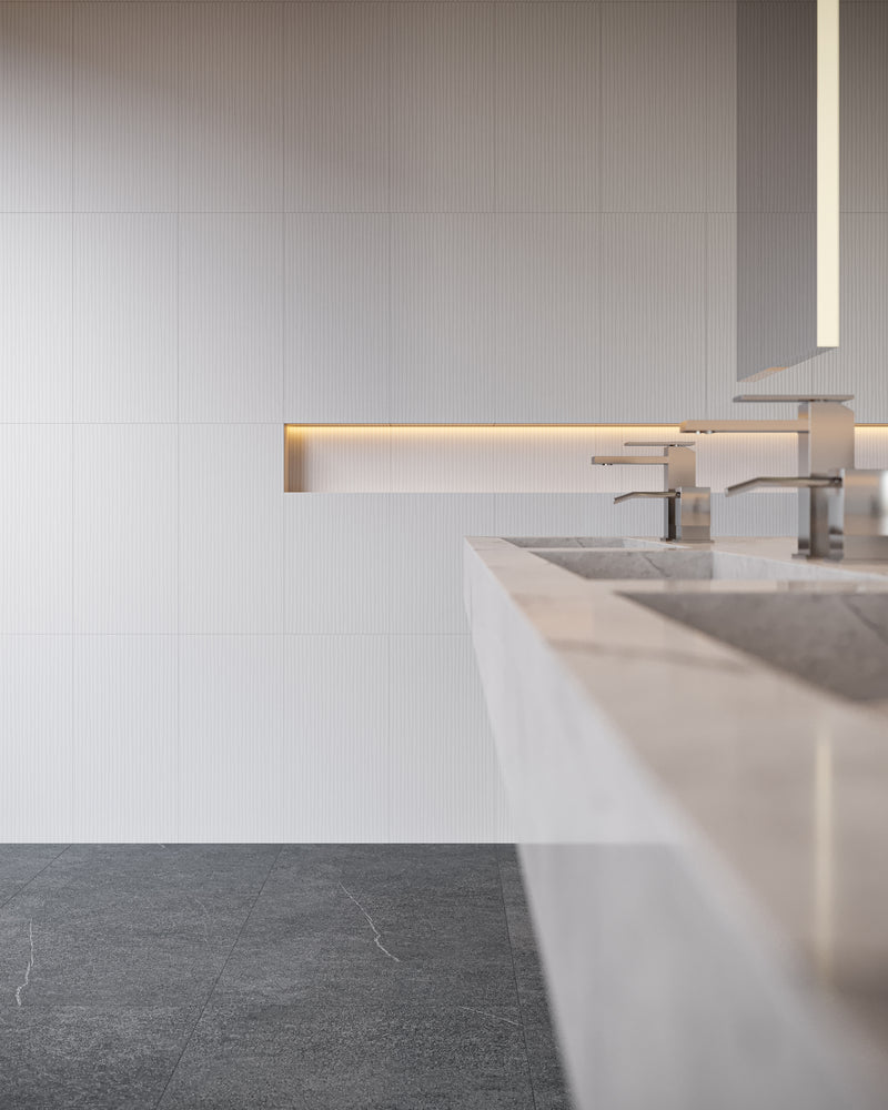 Anatolia Linea White glossy ceramic tile in a room setting — available at Surface Group lifestyle image