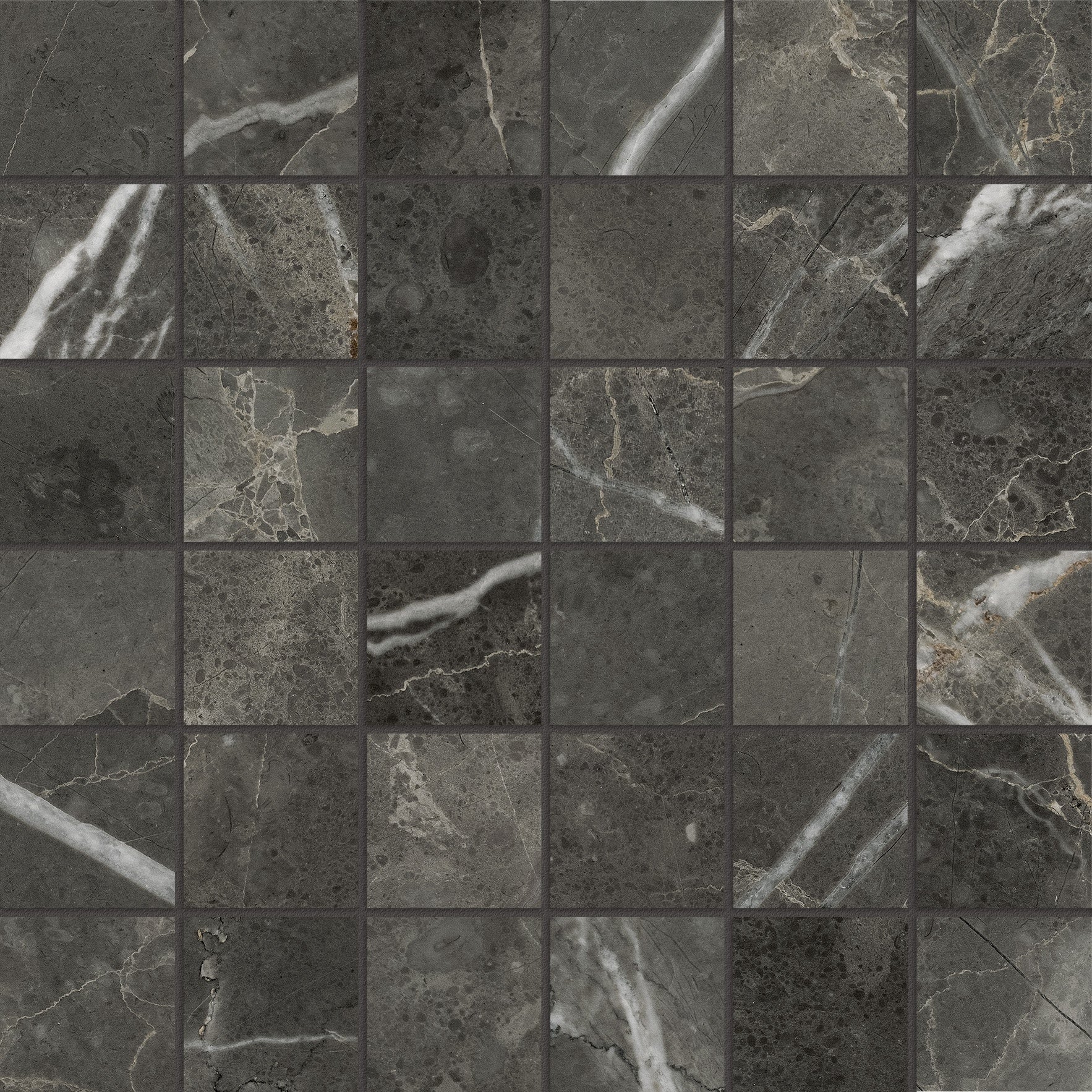 Lumino Carbon porcelain mosaic by Anatolia, top-down product view, 11 25/32"×11 25/32"×11/32" size. Turkish porcelain for floors and walls.