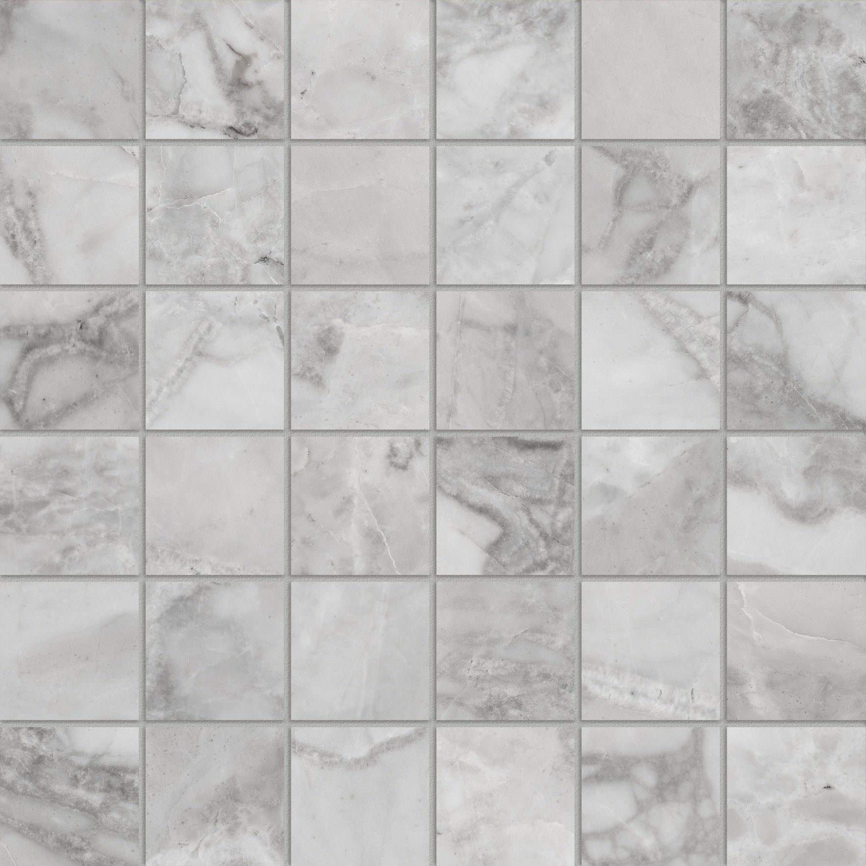 Lumino Grigio porcelain mosaic by Anatolia, top-down product view, 11 25/32"×11 25/32"×11/32" size. Turkish porcelain for floors and walls.