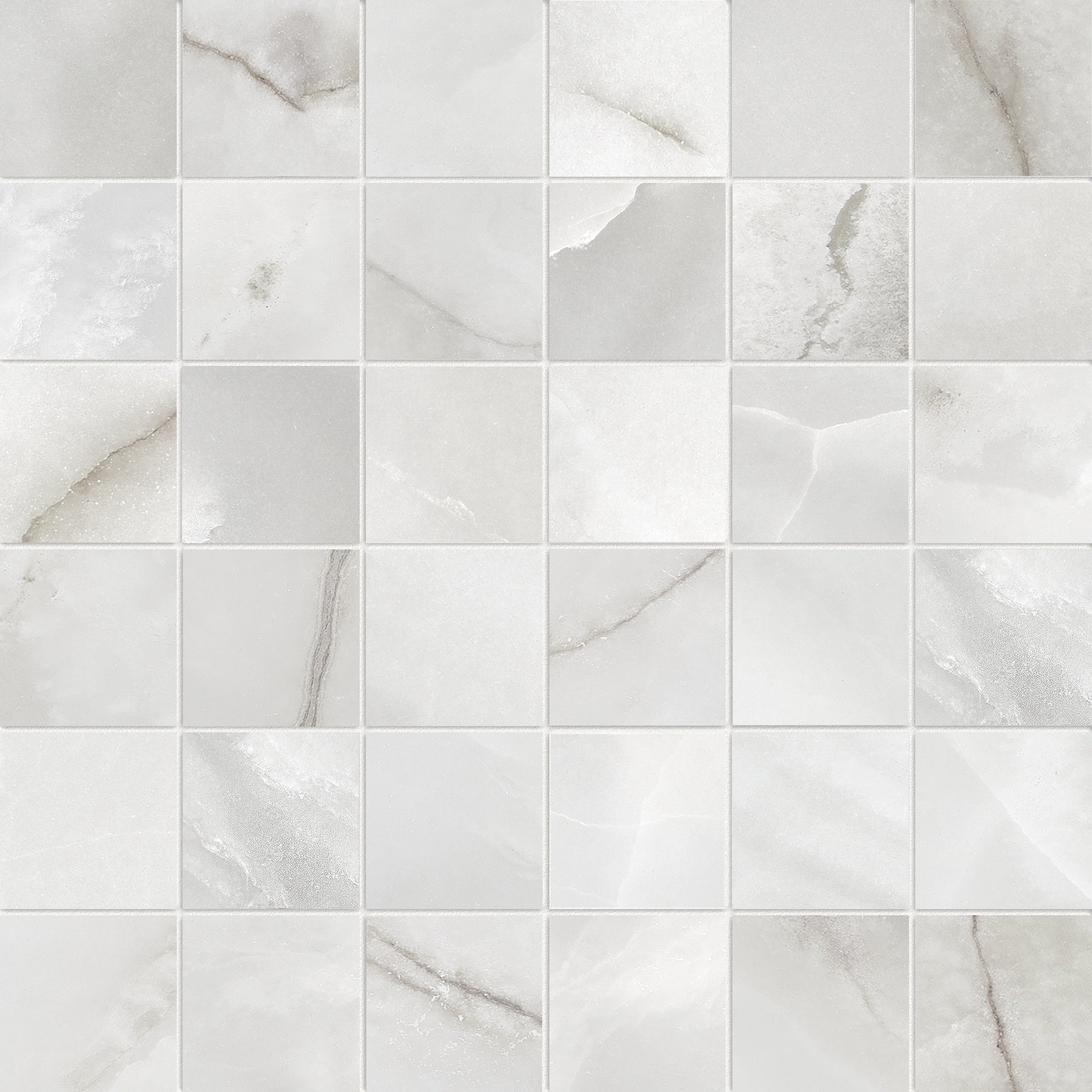 Lumino Onyx porcelain mosaic by Anatolia, top-down product view, 11 25/32"×11 25/32"×11/32" size. Turkish porcelain for floors and walls.