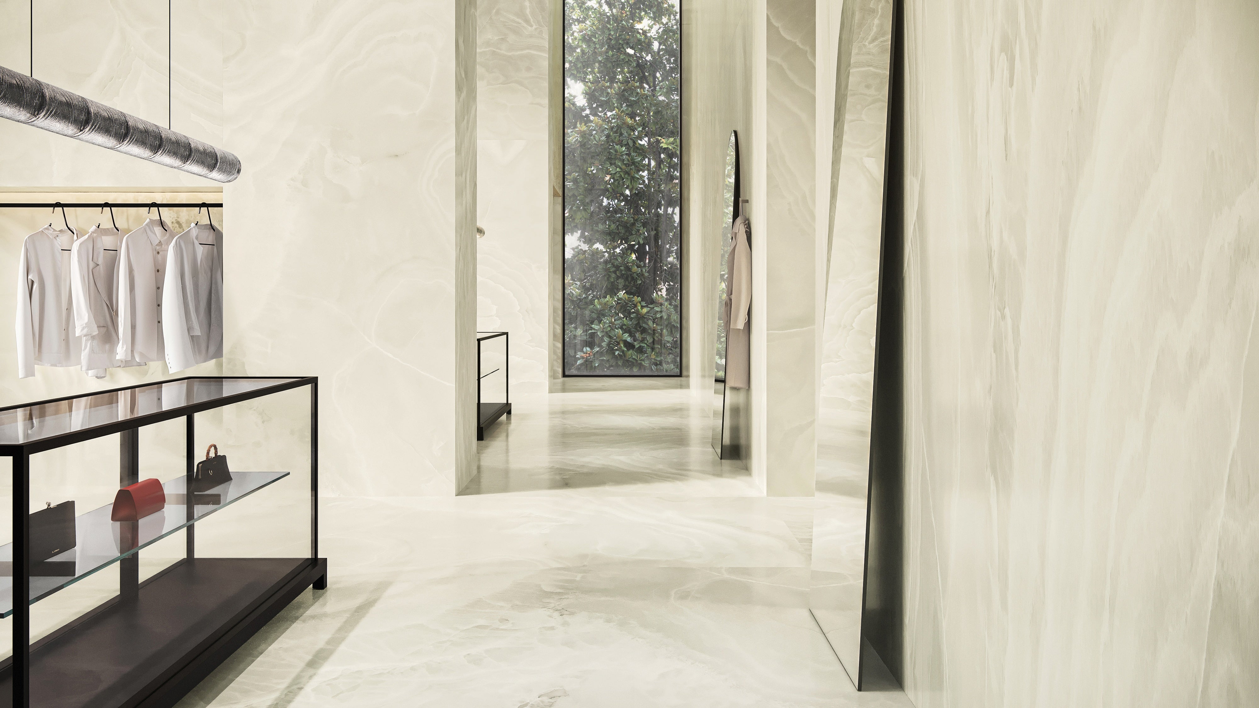 Lustra Onyx Crema porcelain mosaic by Anatolia, top-down product view, 11 23/32"×11 27/32"×11/32" size. Turkish porcelain for floors and walls.