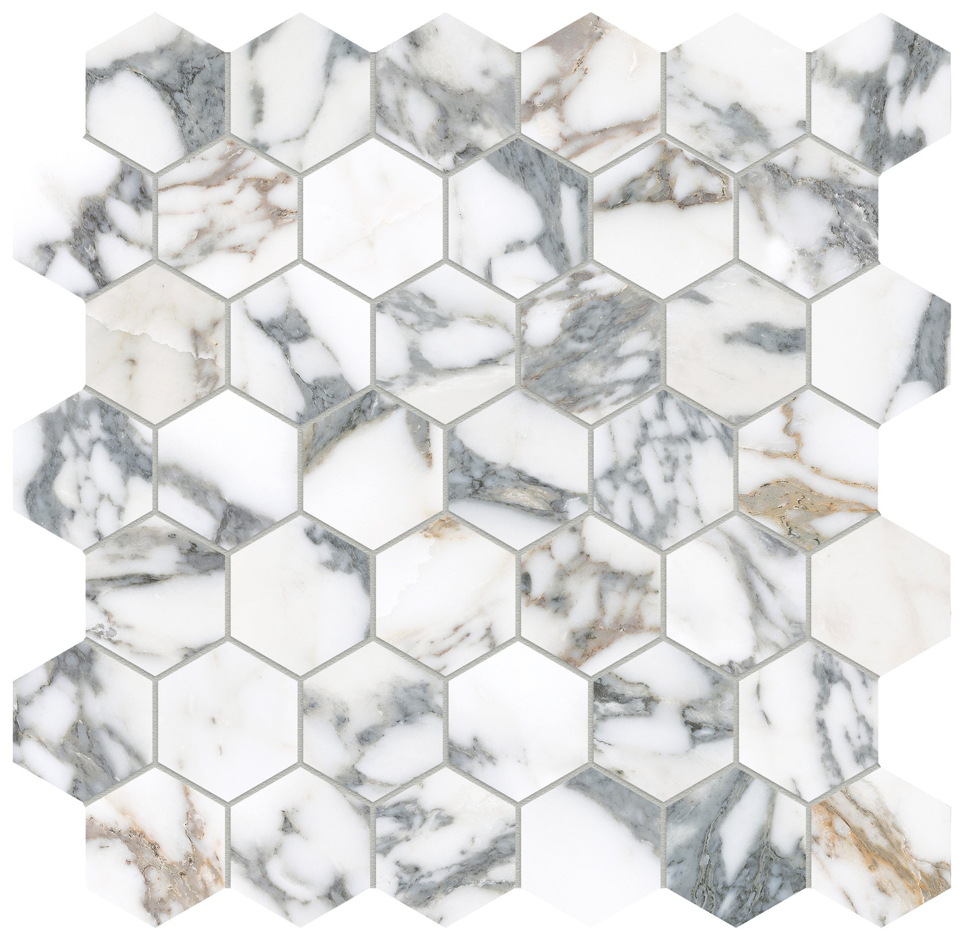 Majesto Arabescato Corchia porcelain mosaic by Anatolia, top-down product view, 11 23/32"×11 27/32"×11/32" size. Turkish porcelain for floors and walls.