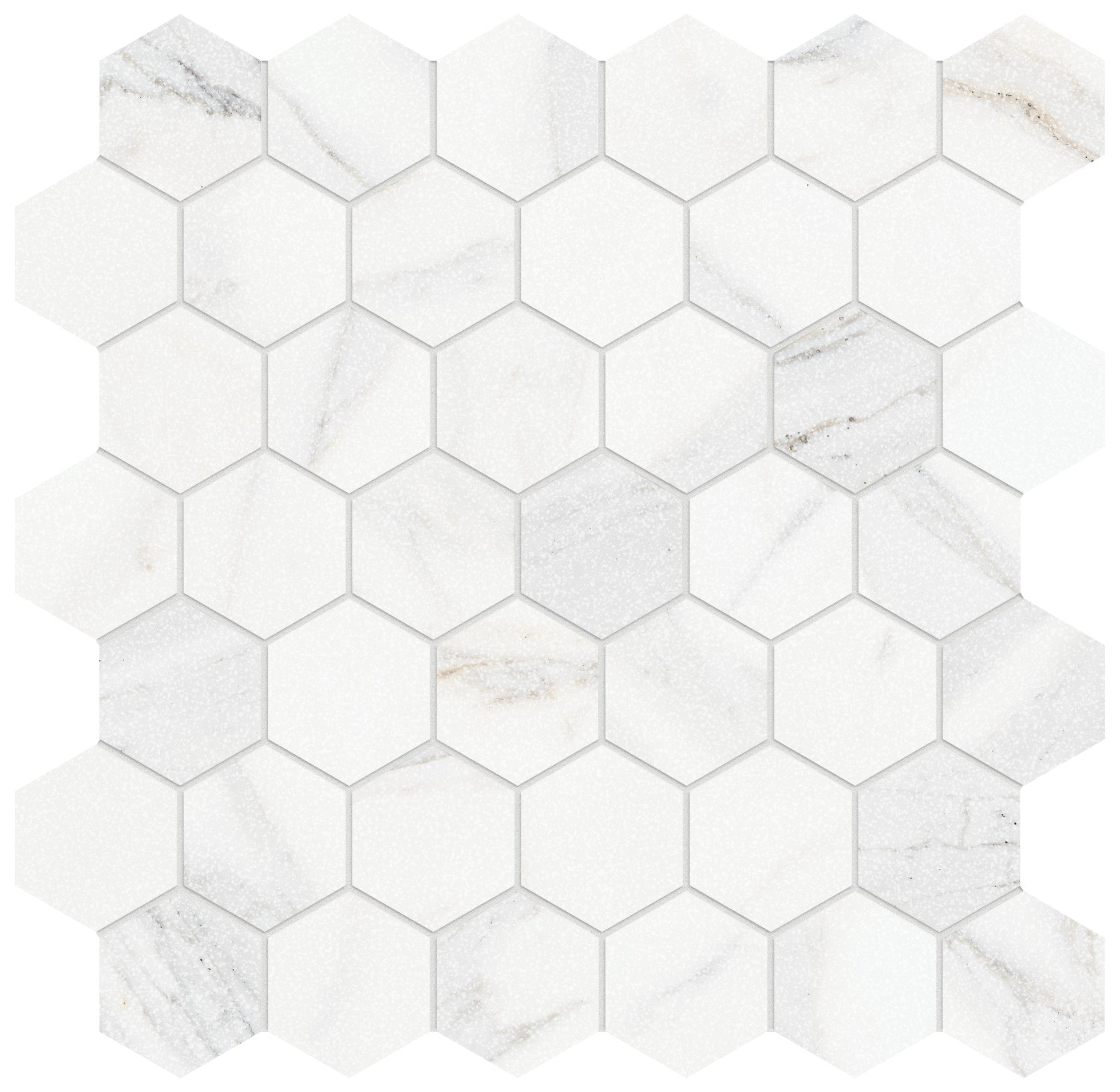 Majesto Calacatta Borghini porcelain mosaic by Anatolia, top-down product view, 11 23/32"×11 27/32"×11/32" size. Turkish porcelain for floors and walls.
