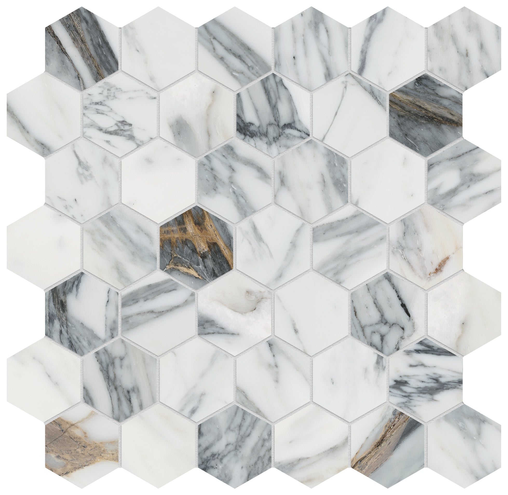 Majesto Calacatta Corchia porcelain mosaic by Anatolia, top-down product view, 11 23/32"×11 27/32"×11/32" size. Turkish porcelain for floors and walls.