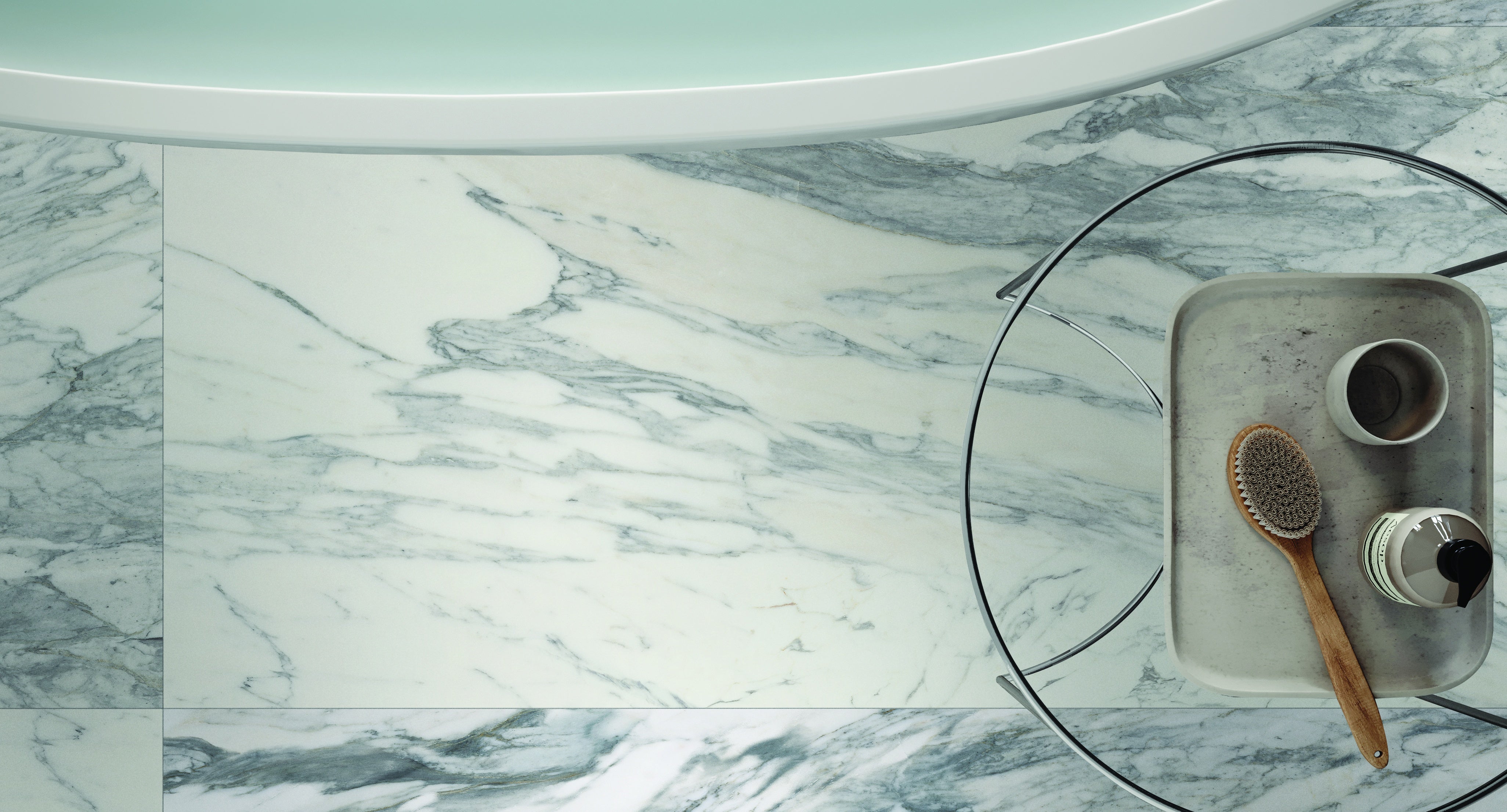 Majesto Calacatta Corchia porcelain mosaic by Anatolia, top-down product view, 11 23/32"×11 27/32"×11/32" size. Turkish porcelain for floors and walls.