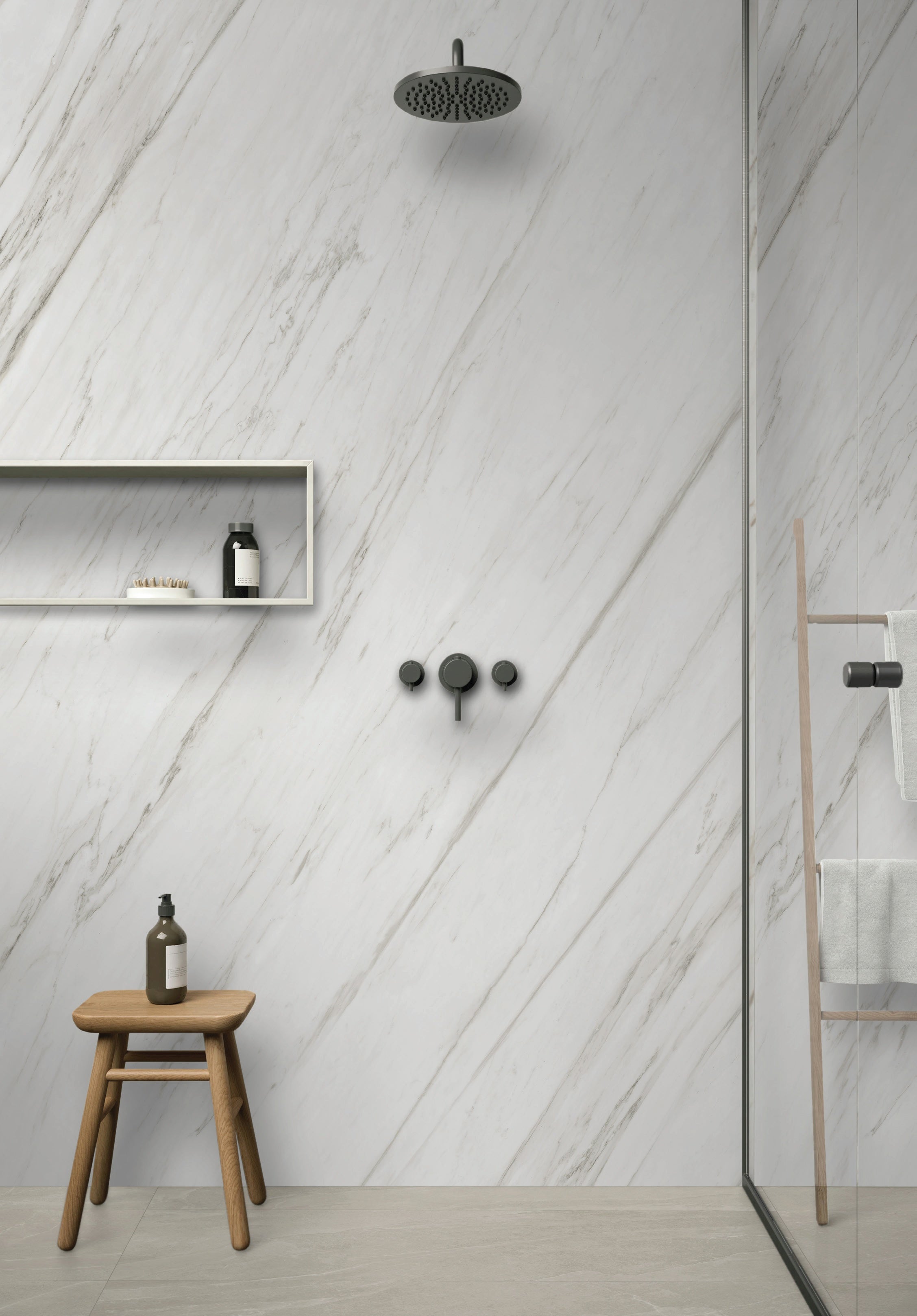 Majesto Calacatta Cremo porcelain mosaic by Anatolia, top-down product view, 11 23/32"×11 27/32"×11/32" size. Turkish porcelain for floors and walls.
