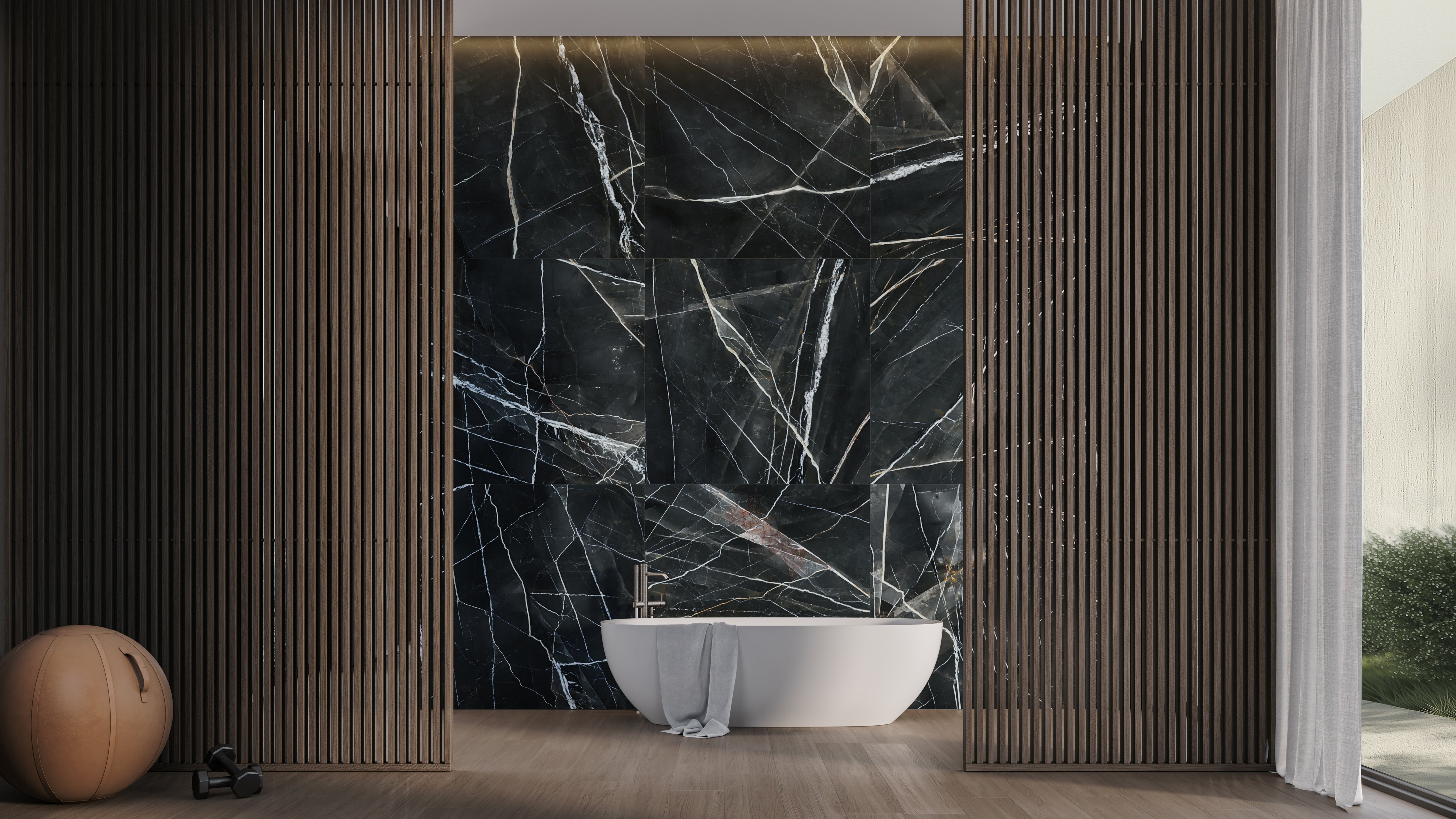 Majesto Calacatta Noir porcelain mosaic by Anatolia, top-down product view, 11 23/32"×11 27/32"×11/32" size. Turkish porcelain for floors and walls.