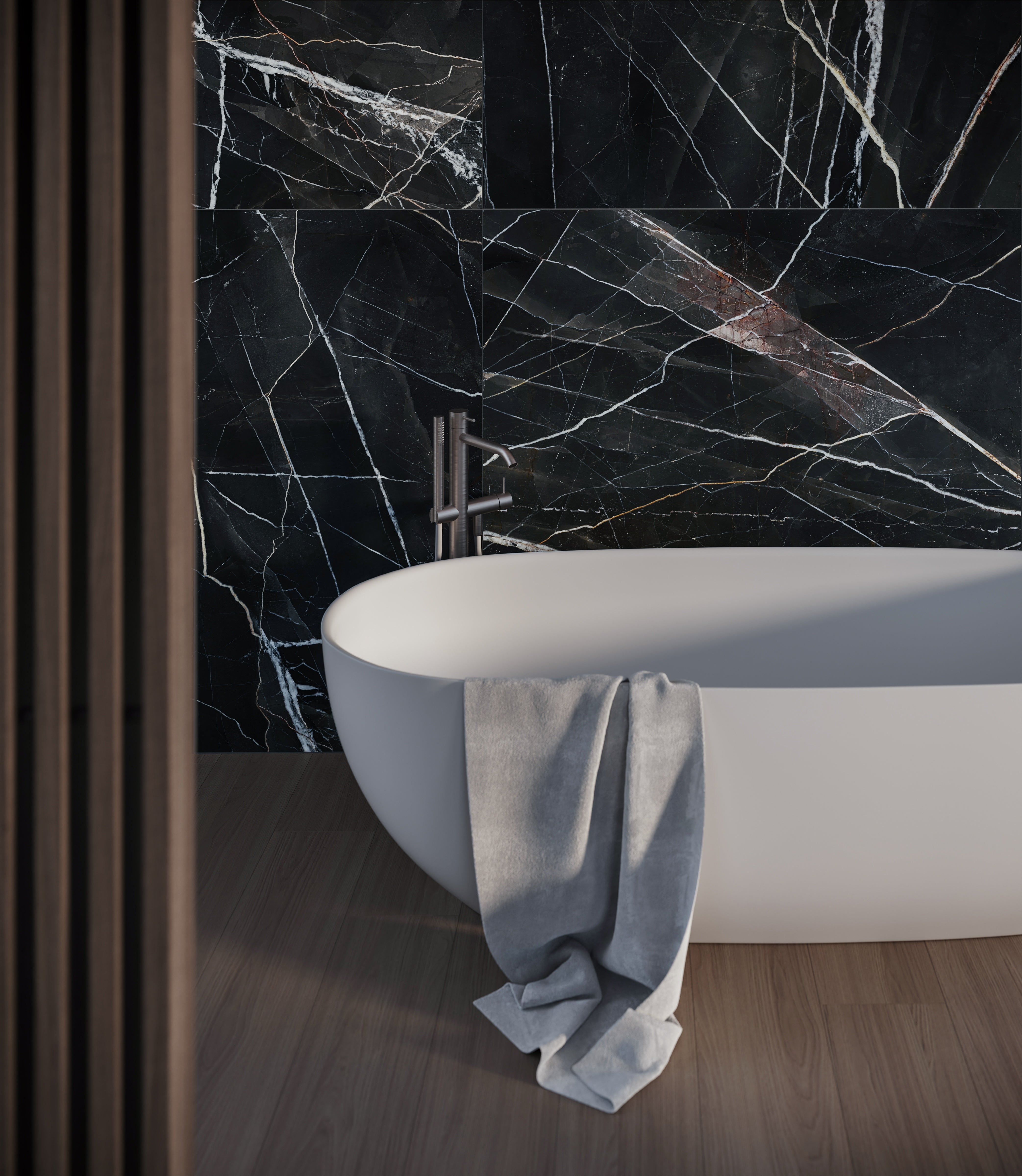 Majesto Calacatta Noir porcelain mosaic by Anatolia, top-down product view, 11 23/32"×11 27/32"×11/32" size. Turkish porcelain for floors and walls.
