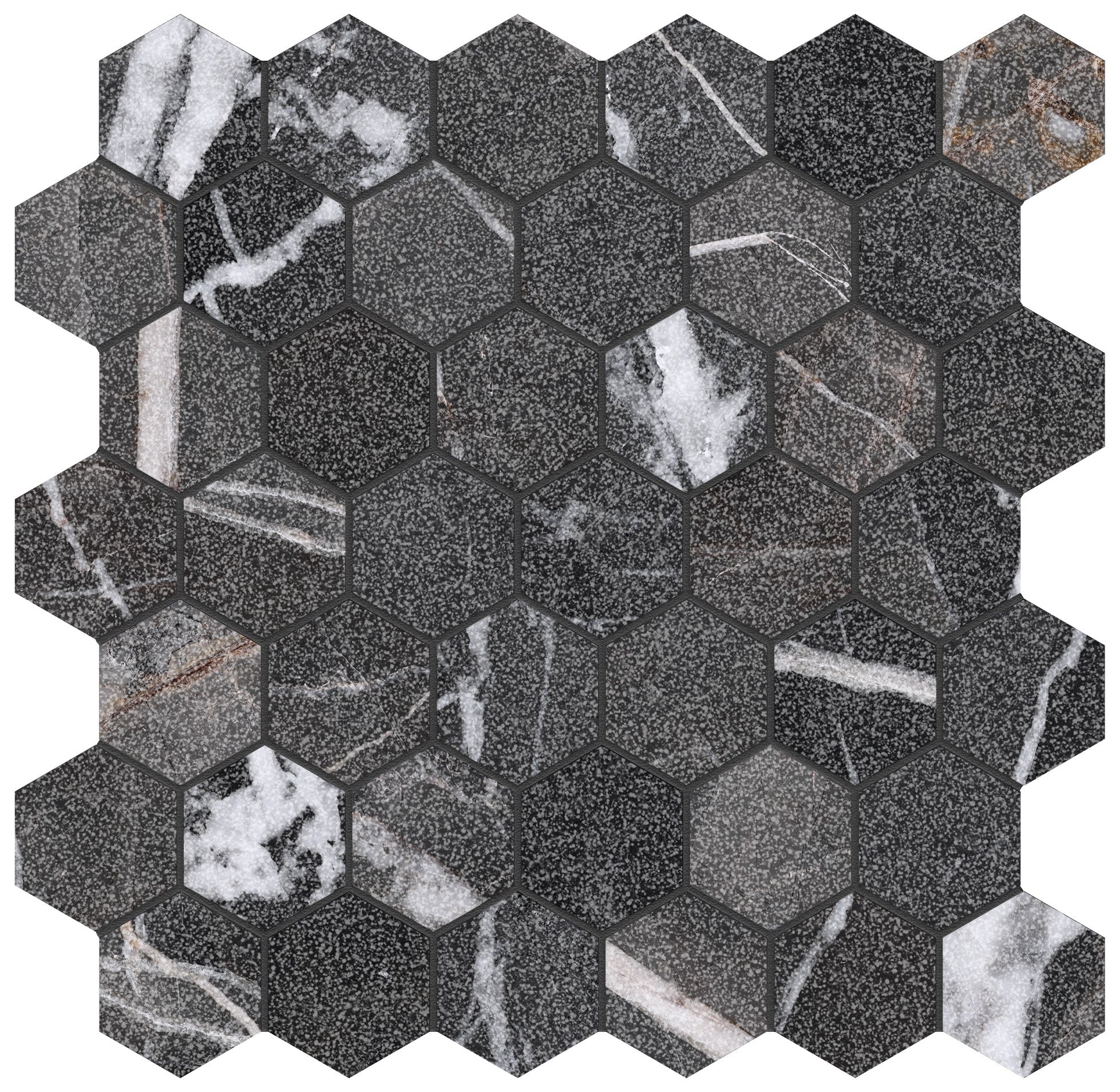 Majesto Calacatta Noir porcelain mosaic by Anatolia, top-down product view, 11 23/32"×11 27/32"×11/32" size. Turkish porcelain for floors and walls.