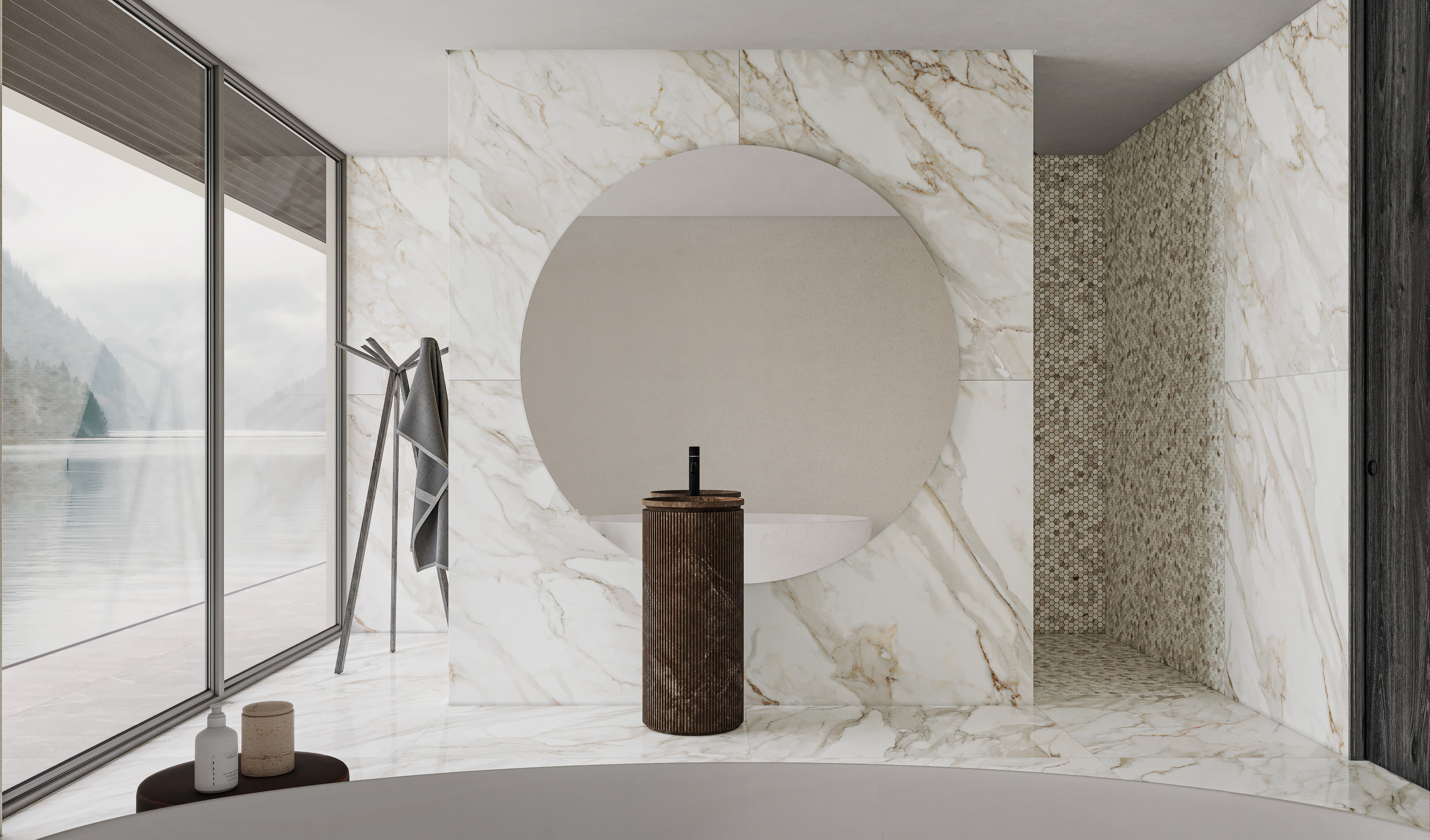 Majesto Calacatta Oro porcelain mosaic by Anatolia, top-down product view, 11 23/32"×11 27/32"×11/32" size. Turkish porcelain for floors and walls.