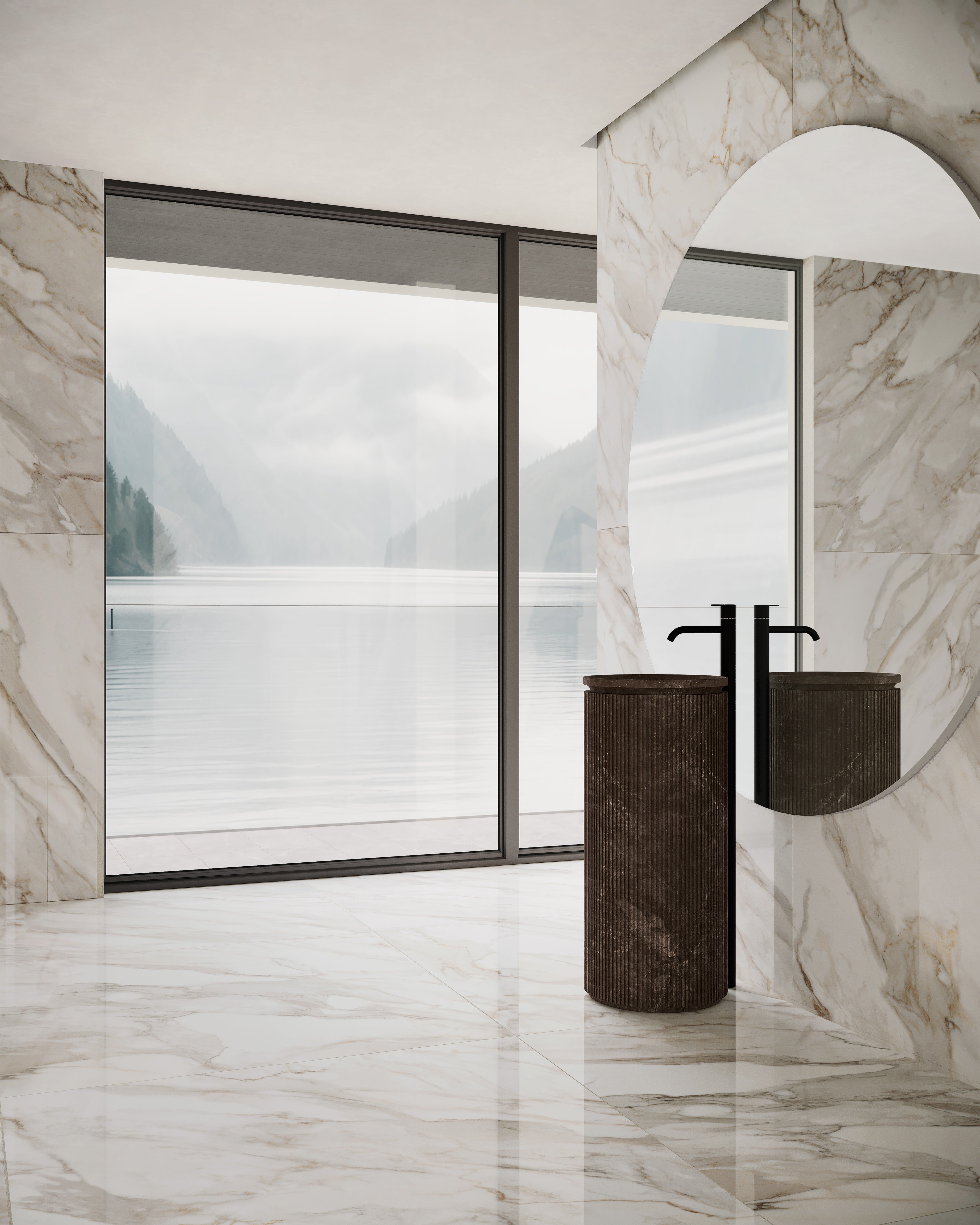 Majesto Calacatta Oro porcelain mosaic by Anatolia, top-down product view, 11 23/32"×11 27/32"×11/32" size. Turkish porcelain for floors and walls.