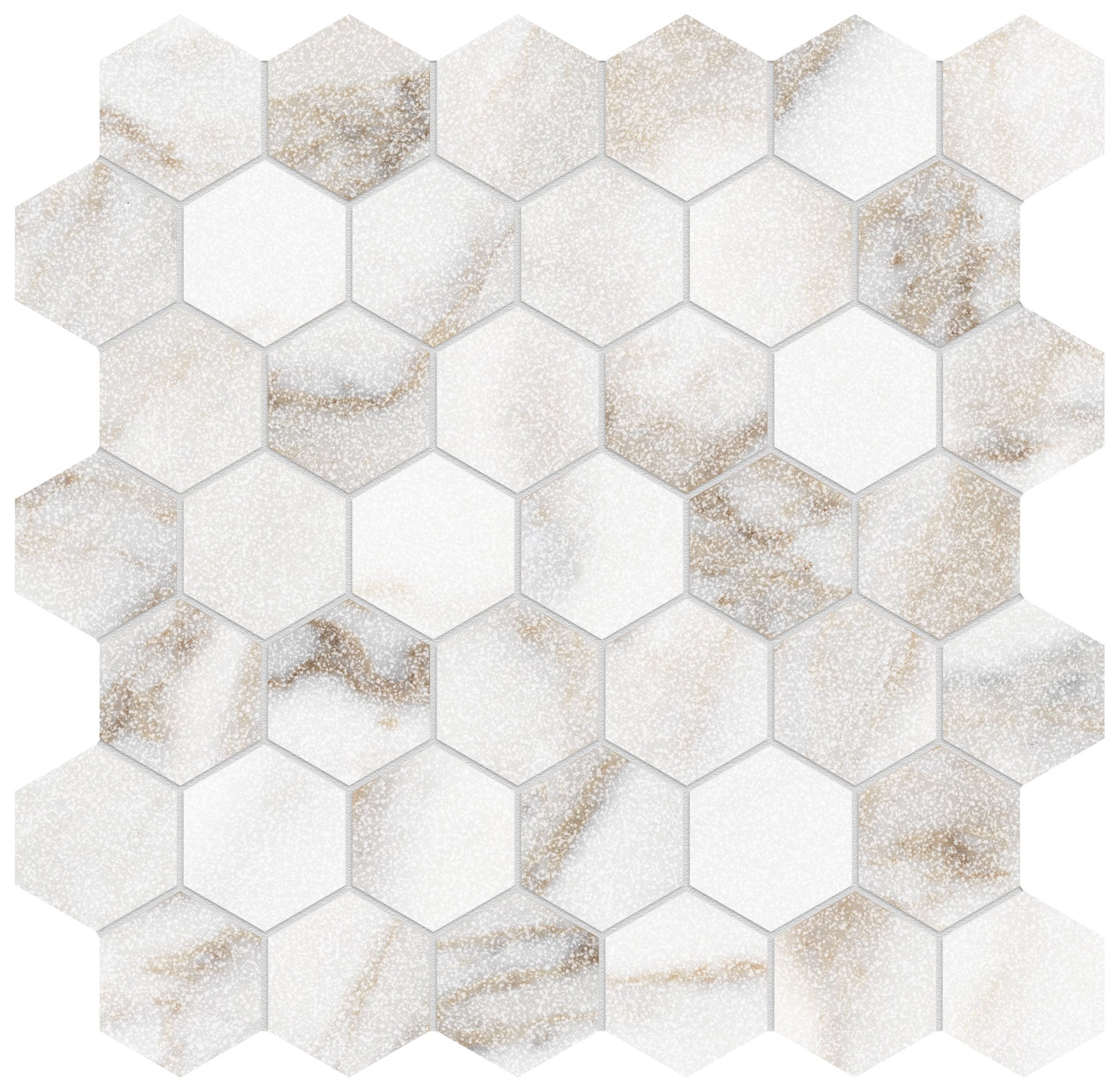 Majesto Calacatta Oro porcelain mosaic by Anatolia, top-down product view, 11 23/32"×11 27/32"×11/32" size. Turkish porcelain for floors and walls.