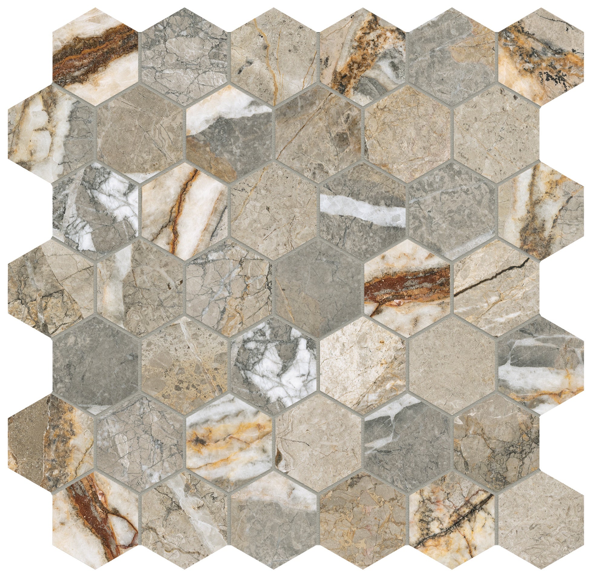 Majesto Foresta porcelain mosaic by Anatolia, top-down product view, 11 23/32"×11 27/32"×11/32" size. Turkish porcelain for floors and walls.