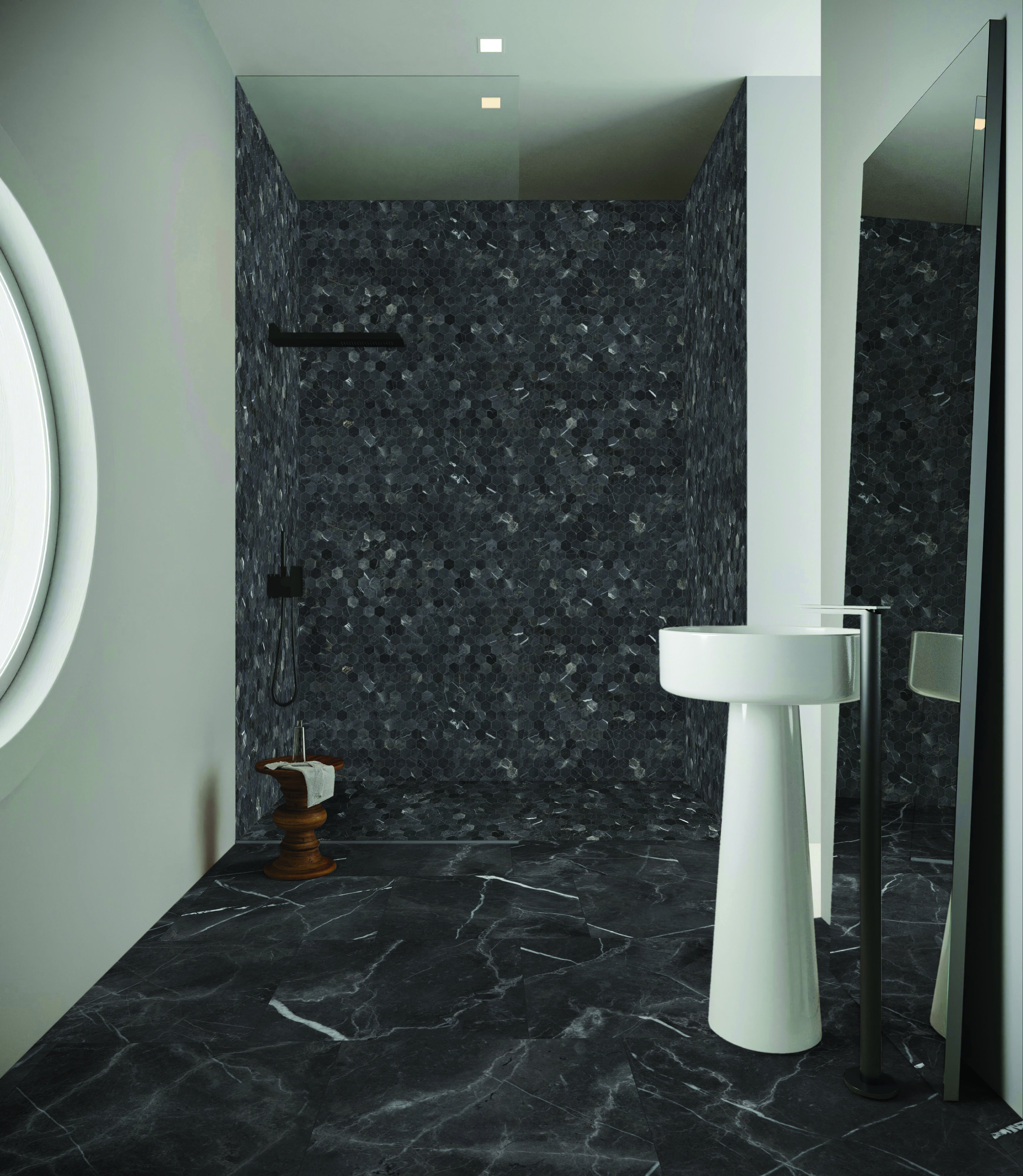 Majesto Forge Eleganza porcelain mosaic by Anatolia, top-down product view, 11 23/32"×11 27/32"×11/32" size. Turkish porcelain for floors and walls.