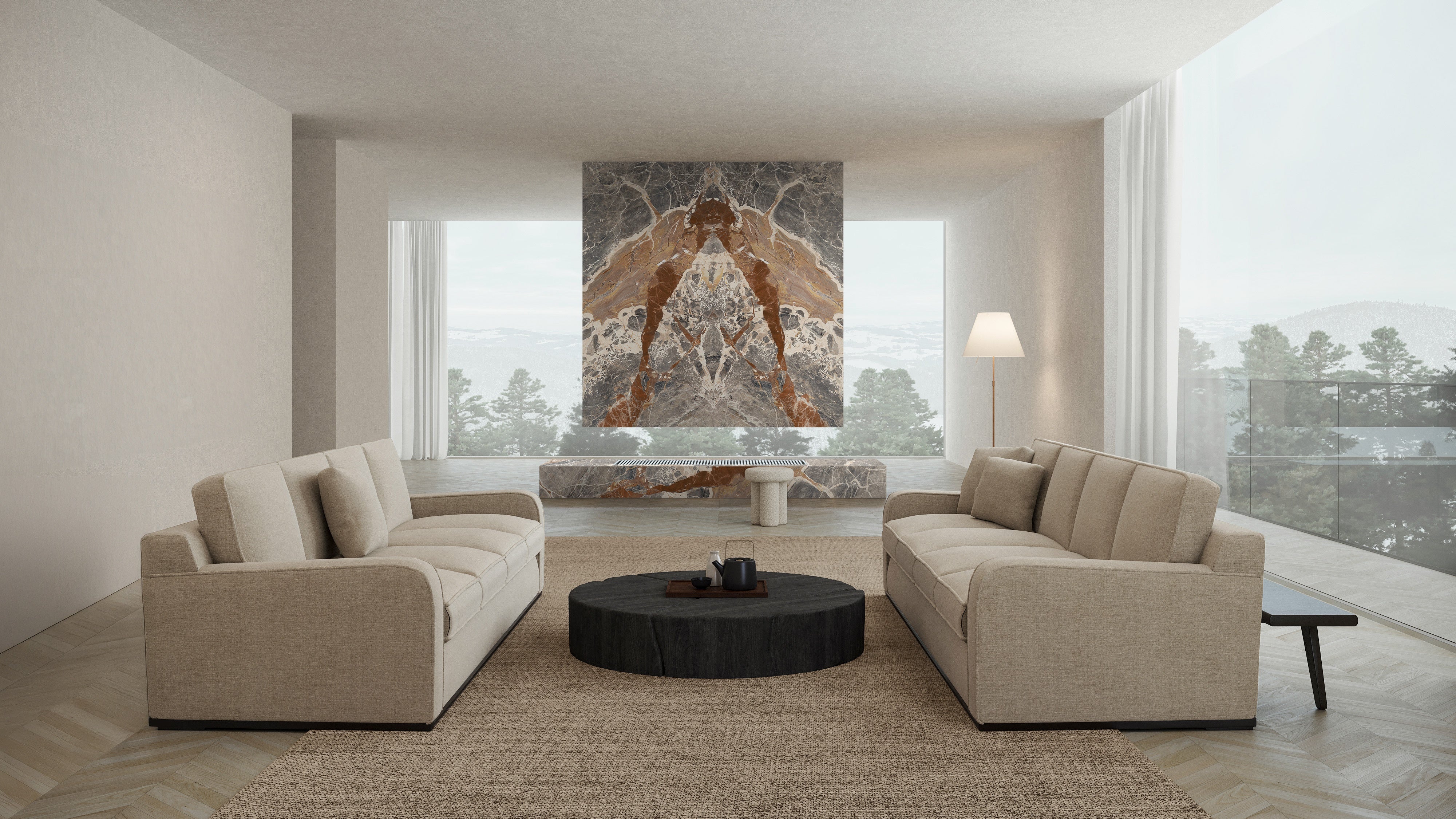 Majesto Macchia Vecchia sintered stone slabs by Anatolia, top-down product view, 48"×110"×1/4" size. Turkish sintered stone for floors and walls.