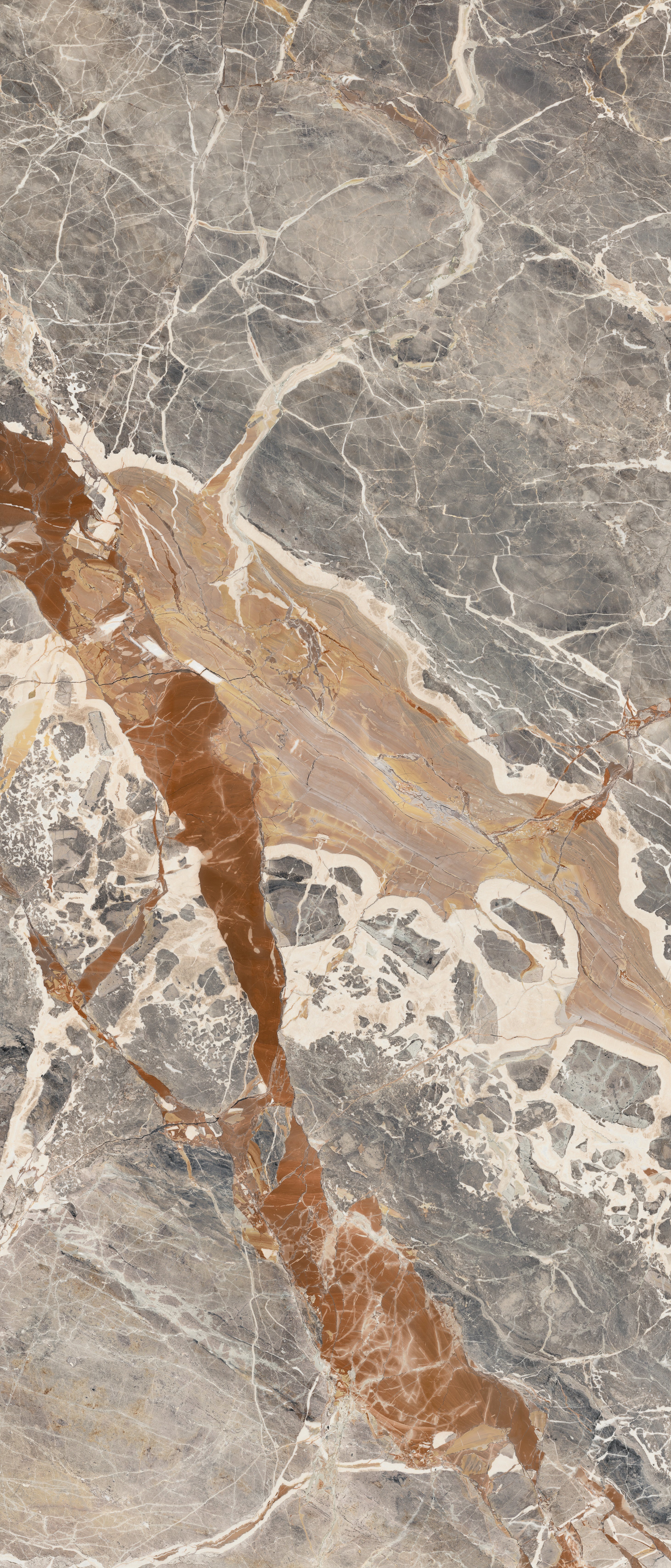 Majesto Macchia Vecchia sintered stone slabs by Anatolia, top-down product view, 48"×110"×1/4" size. Turkish sintered stone for floors and walls.